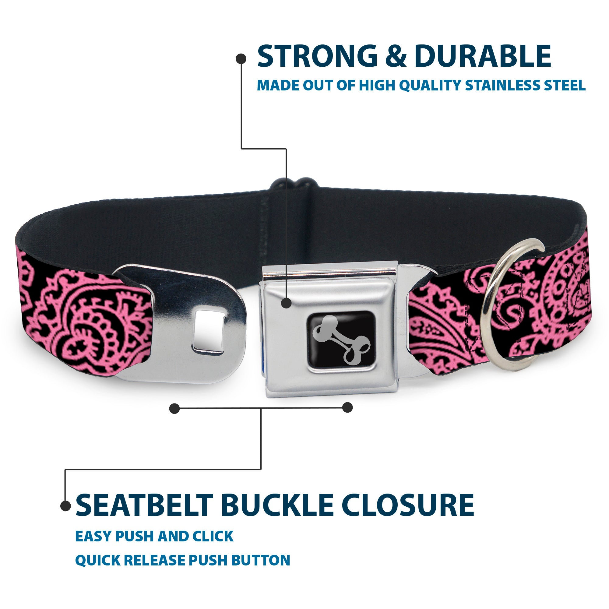 Dog Bone Seatbelt Buckle Collar - Bandana/Skulls Black/Pink Seatbelt Buckle Collars Buckle-Down