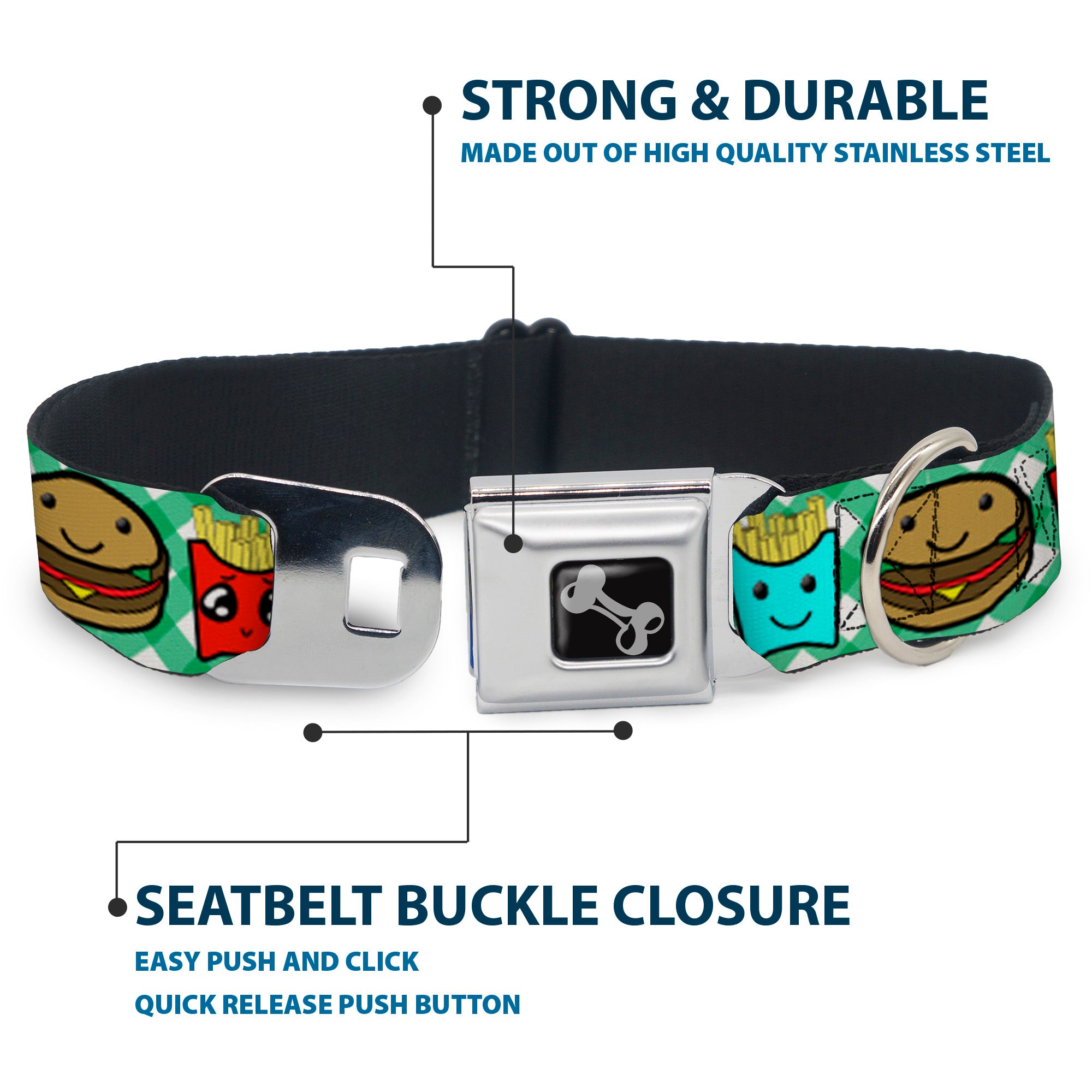 Dog Bone Seatbelt Buckle Collar - Burger & Fries Cartoon Straight Green Tablecloth Seatbelt Buckle Collars Buckle-Down