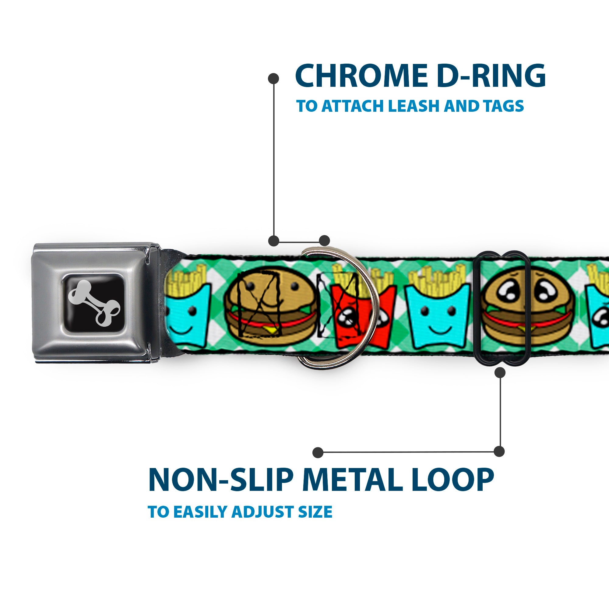Dog Bone Seatbelt Buckle Collar - Burger & Fries Cartoon Straight Green Tablecloth Seatbelt Buckle Collars Buckle-Down