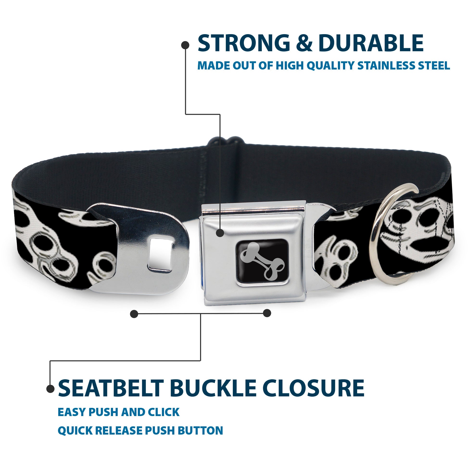 Buckle-Down Seatbelt Buckle Dog Collar - Brass Knuckles Black/White Seatbelt Buckle Collars Buckle-Down