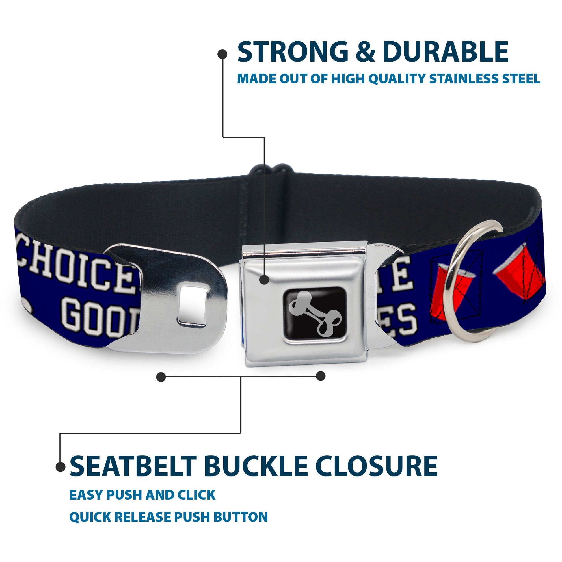 Buckle-Down Seatbelt Buckle Dog Collar - Beer Pong BAD CHOICES CREATE GOOD STORIES Blue/White/Red Seatbelt Buckle Collars Buckle-Down