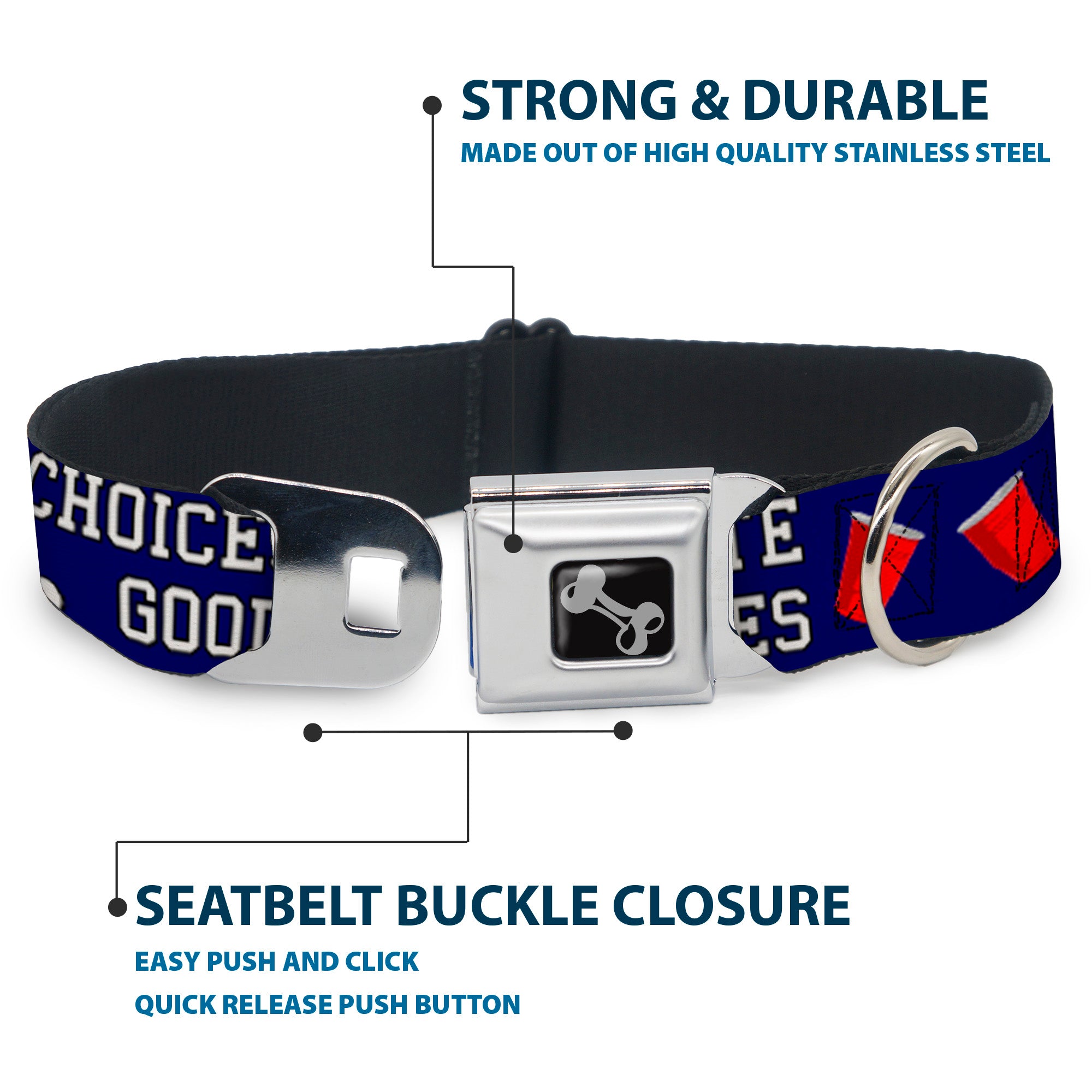 Buckle-Down Seatbelt Buckle Dog Collar - Beer Pong BAD CHOICES CREATE GOOD STORIES Blue/White/Red Seatbelt Buckle Collars Buckle-Down