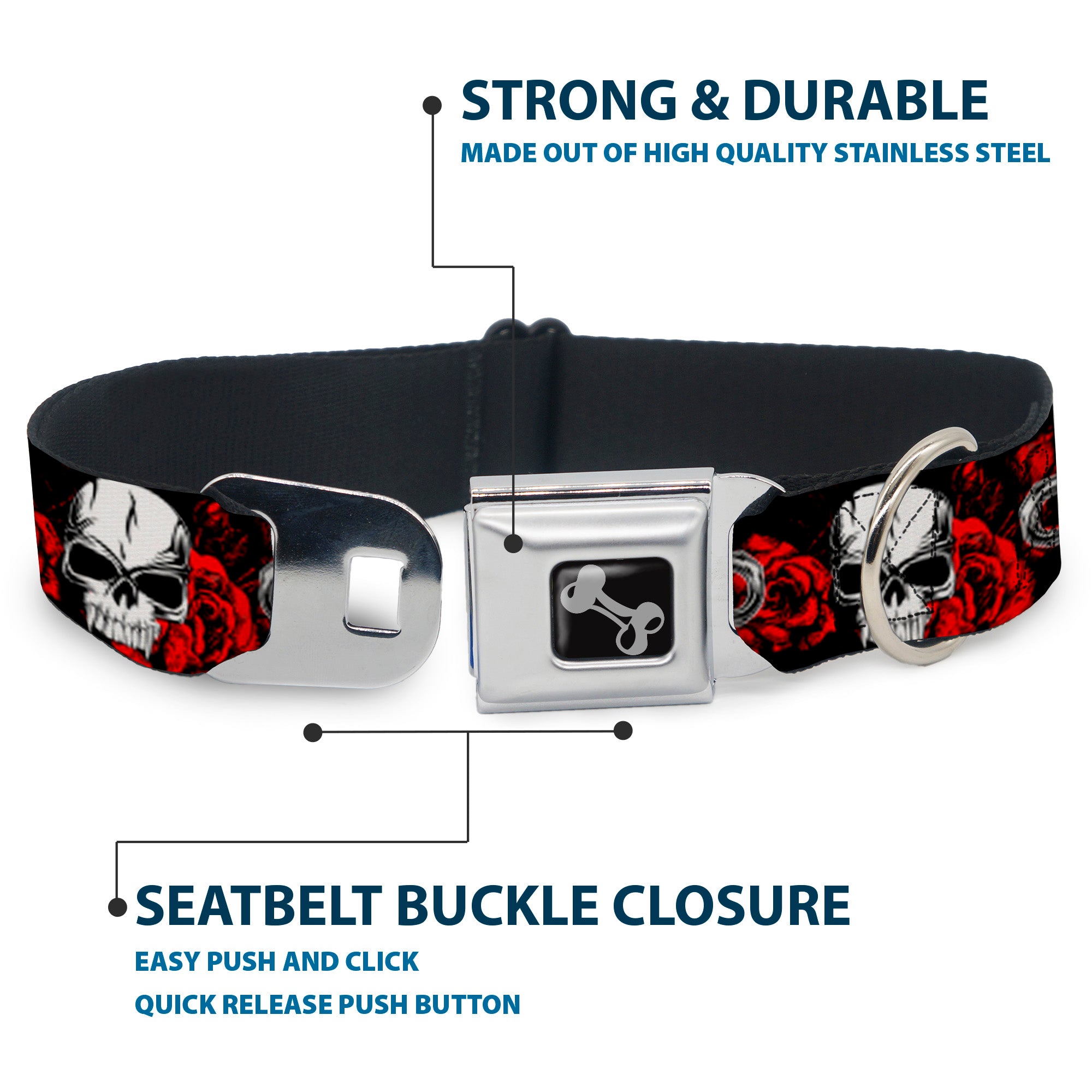 Buckle-Down Seatbelt Buckle Dog Collar - Brass Knuckles/Skulls/Roses Black/Red/White Seatbelt Buckle Collars Buckle-Down