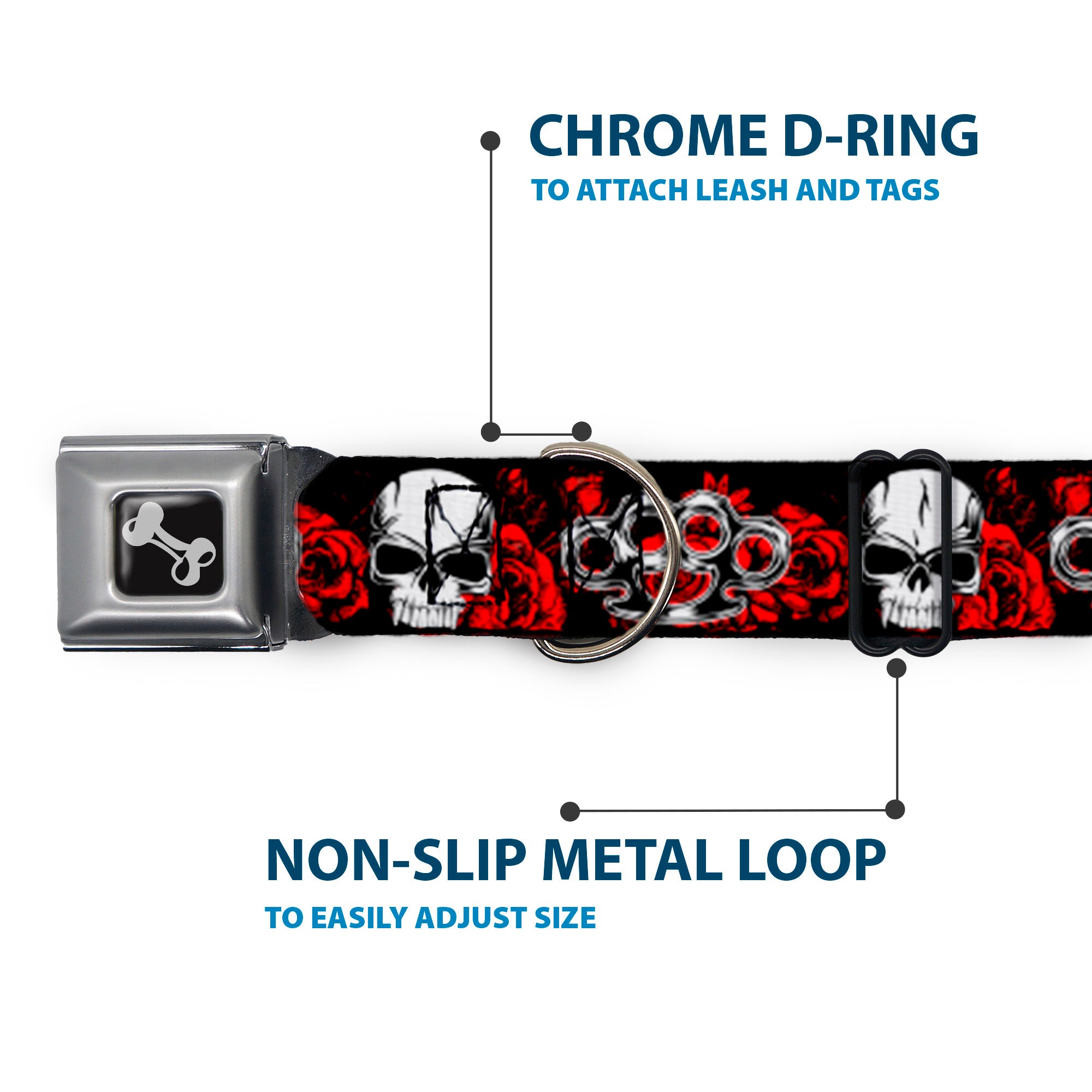 Buckle-Down Seatbelt Buckle Dog Collar - Brass Knuckles/Skulls/Roses Black/Red/White Seatbelt Buckle Collars Buckle-Down