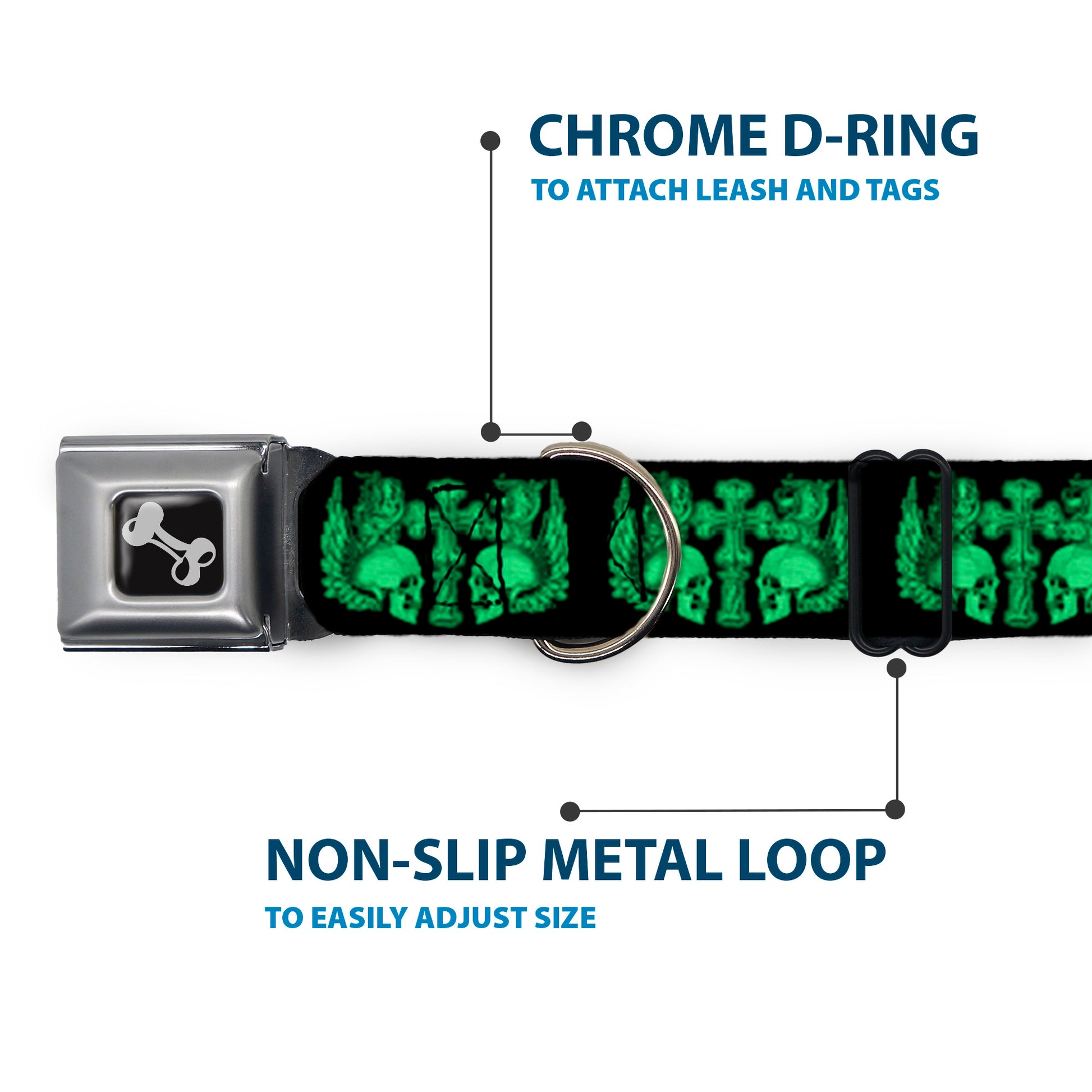 Dog Bone Seatbelt Buckle Collar - BD Skulls w/Wings Black/Green Seatbelt Buckle Collars Buckle-Down