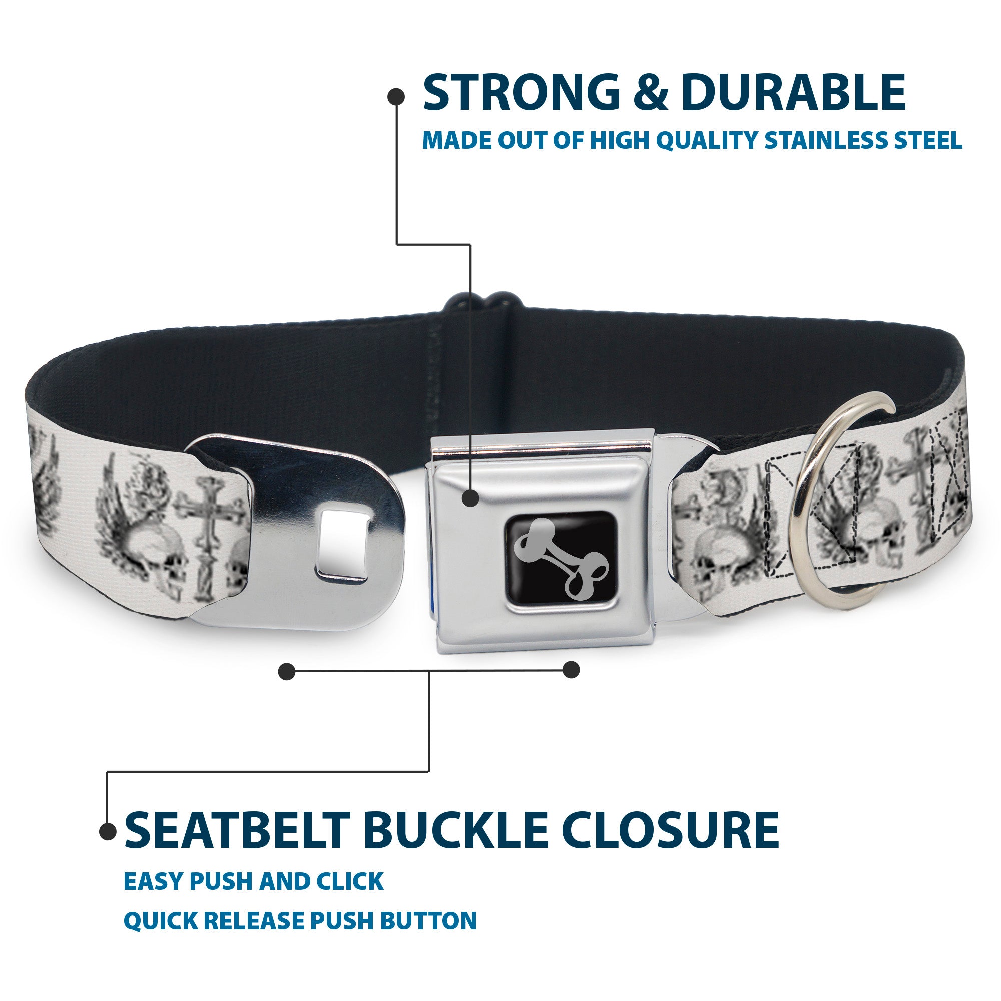 Dog Bone Seatbelt Buckle Collar - BD Skulls w/Wings White/Black Seatbelt Buckle Collars Buckle-Down