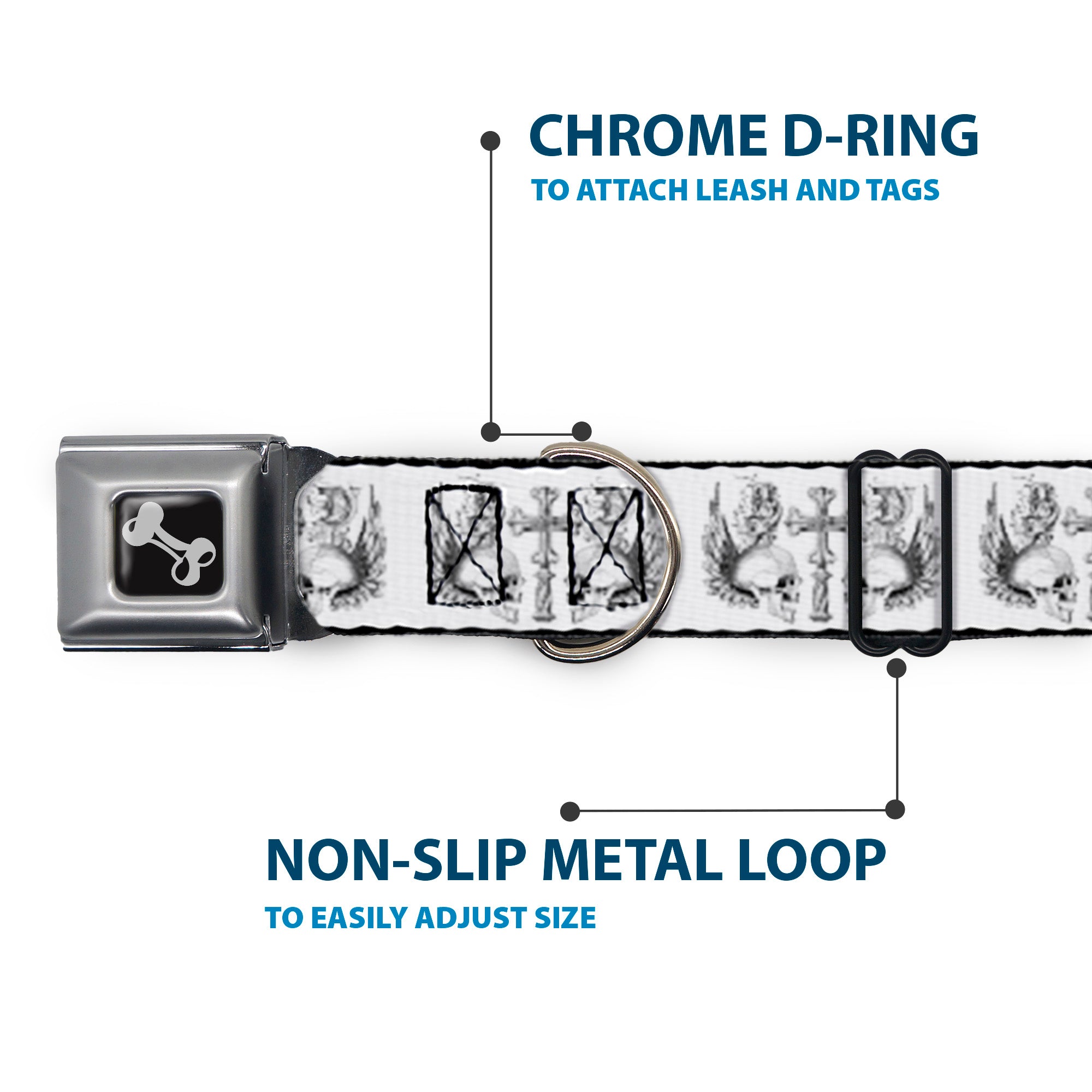 Dog Bone Seatbelt Buckle Collar - BD Skulls w/Wings White/Black Seatbelt Buckle Collars Buckle-Down