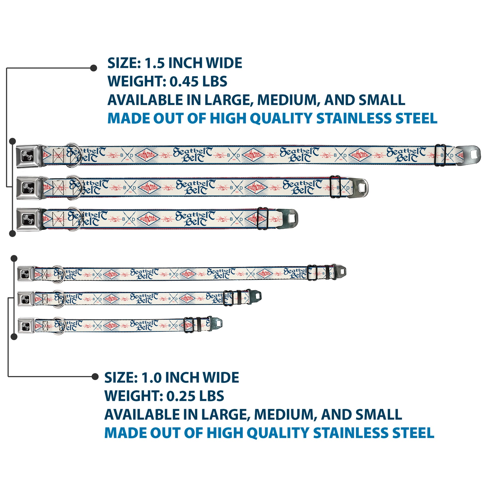 Dog Bone Seatbelt Buckle Collar - BD AUTHENTIC SEATBELT BELT White/Blue/Red Seatbelt Buckle Collars Buckle-Down