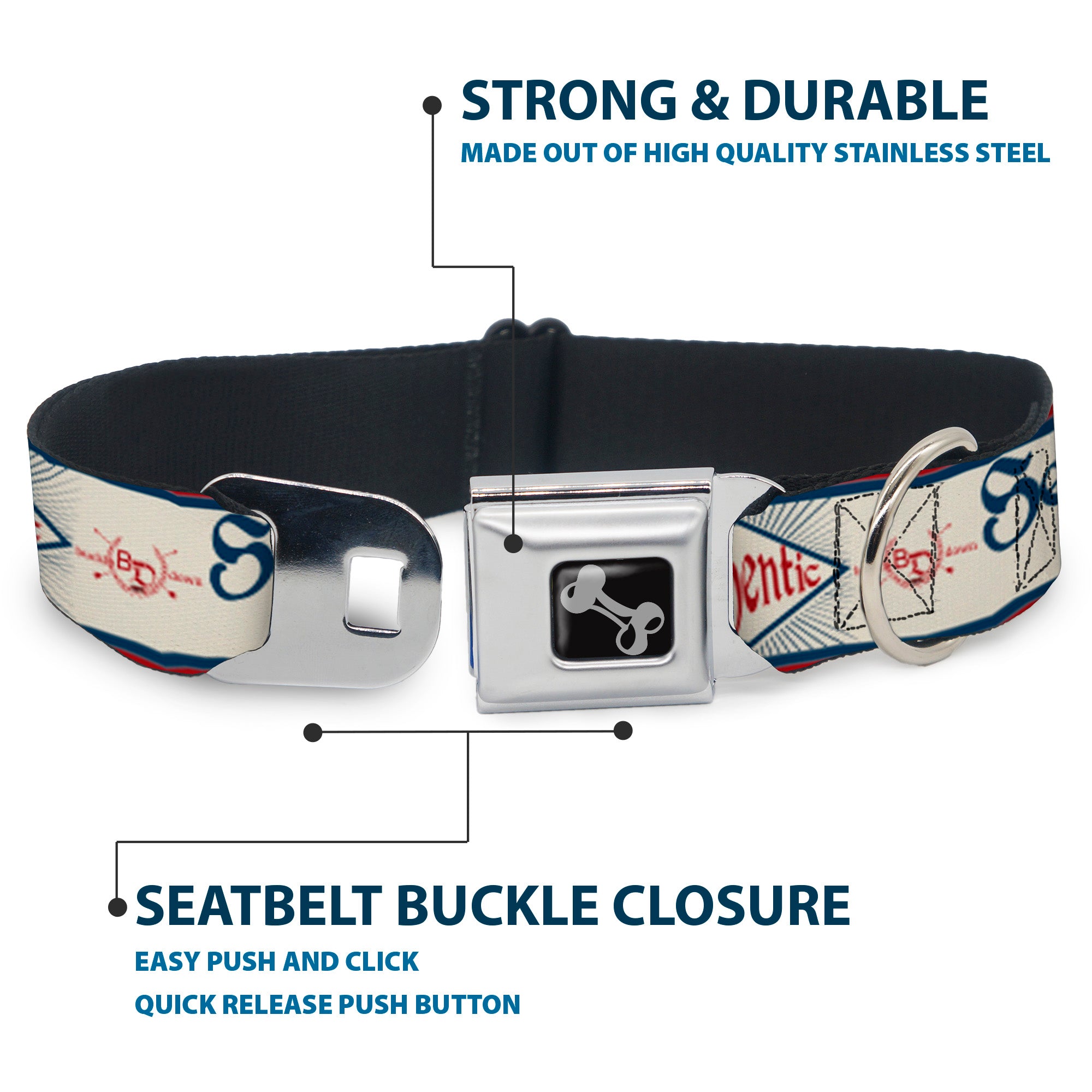 Dog Bone Seatbelt Buckle Collar - BD AUTHENTIC SEATBELT BELT White/Blue/Red Seatbelt Buckle Collars Buckle-Down