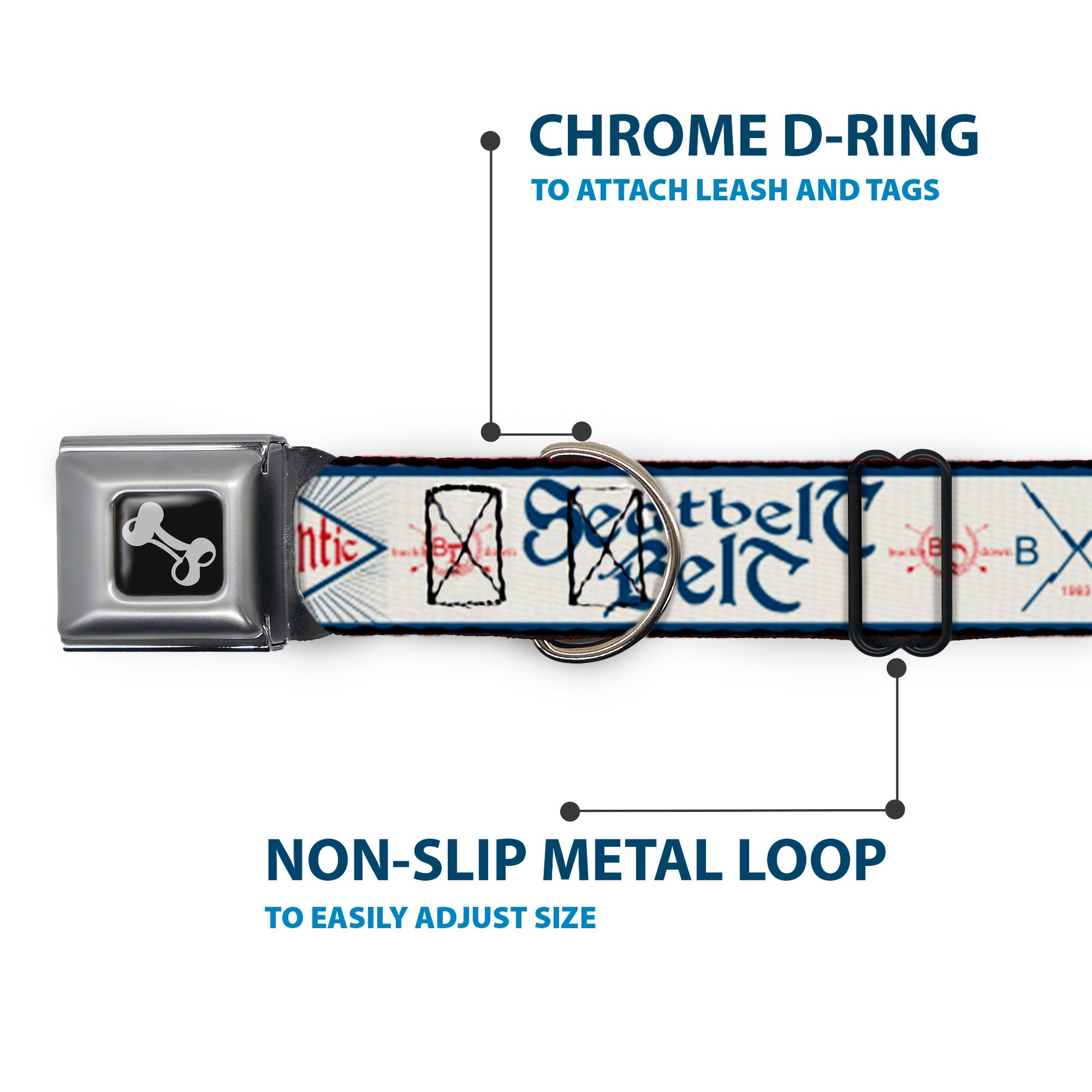 Dog Bone Seatbelt Buckle Collar - BD AUTHENTIC SEATBELT BELT White/Blue/Red Seatbelt Buckle Collars Buckle-Down