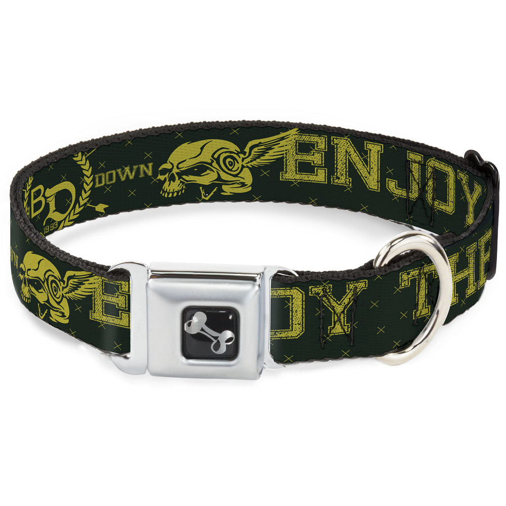 Dog Bone Seatbelt Buckle Collar - BD Winged Skull ENJOY THE RIDE Olive/Lime Green Seatbelt Buckle Collars Buckle-Down