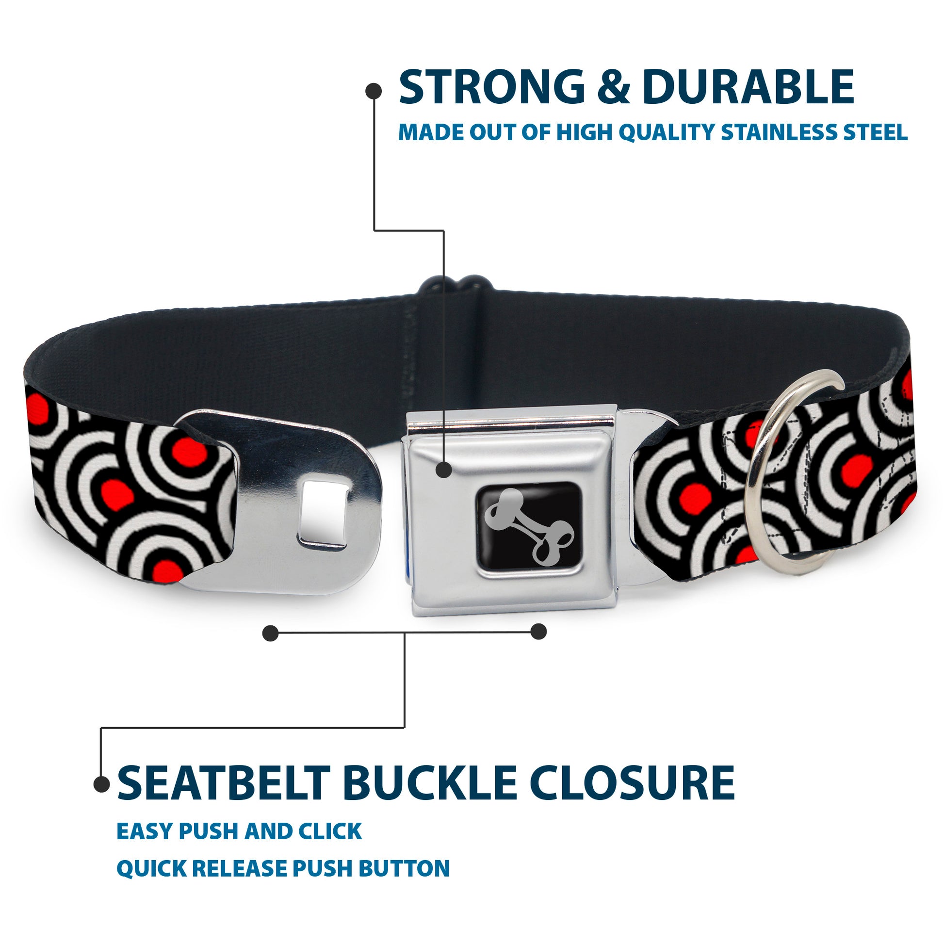 Dog Bone Seatbelt Buckle Collar - Bullseye Stacked Black/White/Red Seatbelt Buckle Collars Buckle-Down