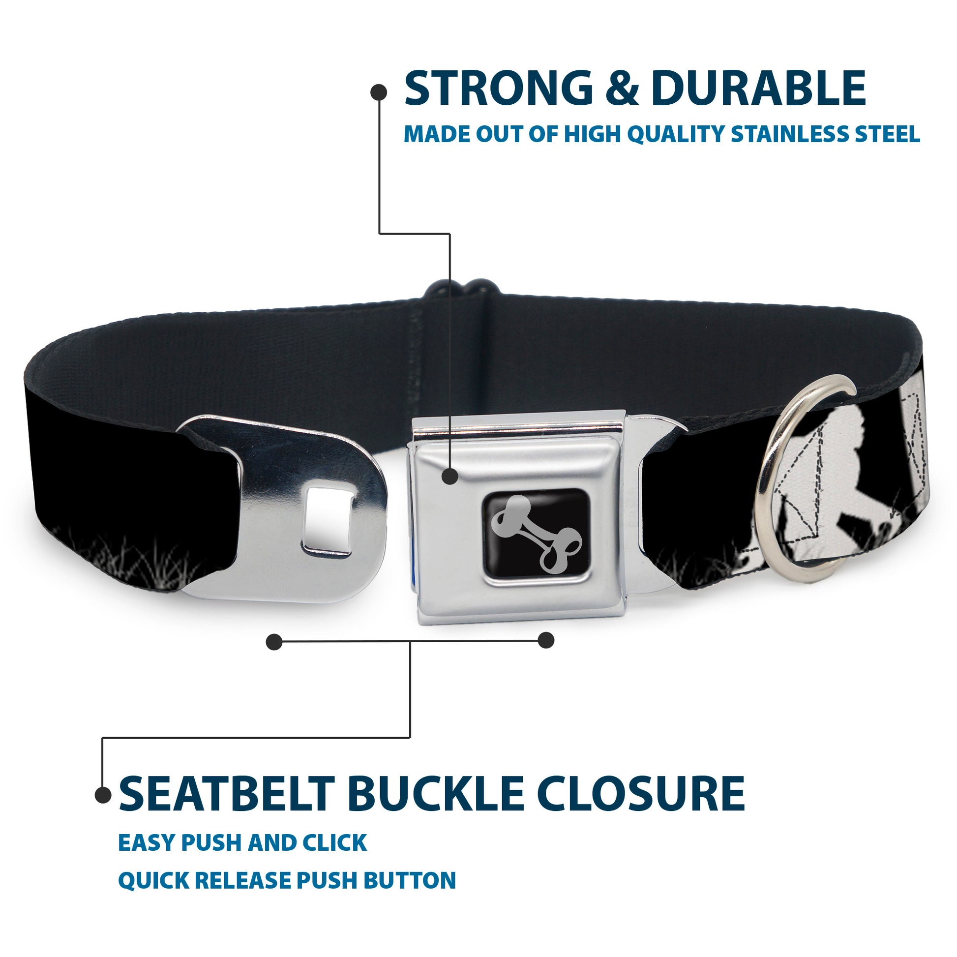 Dog Bone Seatbelt Buckle Collar - Bigfoot Silhouette I BELIEVE Black/Gray/White Seatbelt Buckle Collars Buckle-Down
