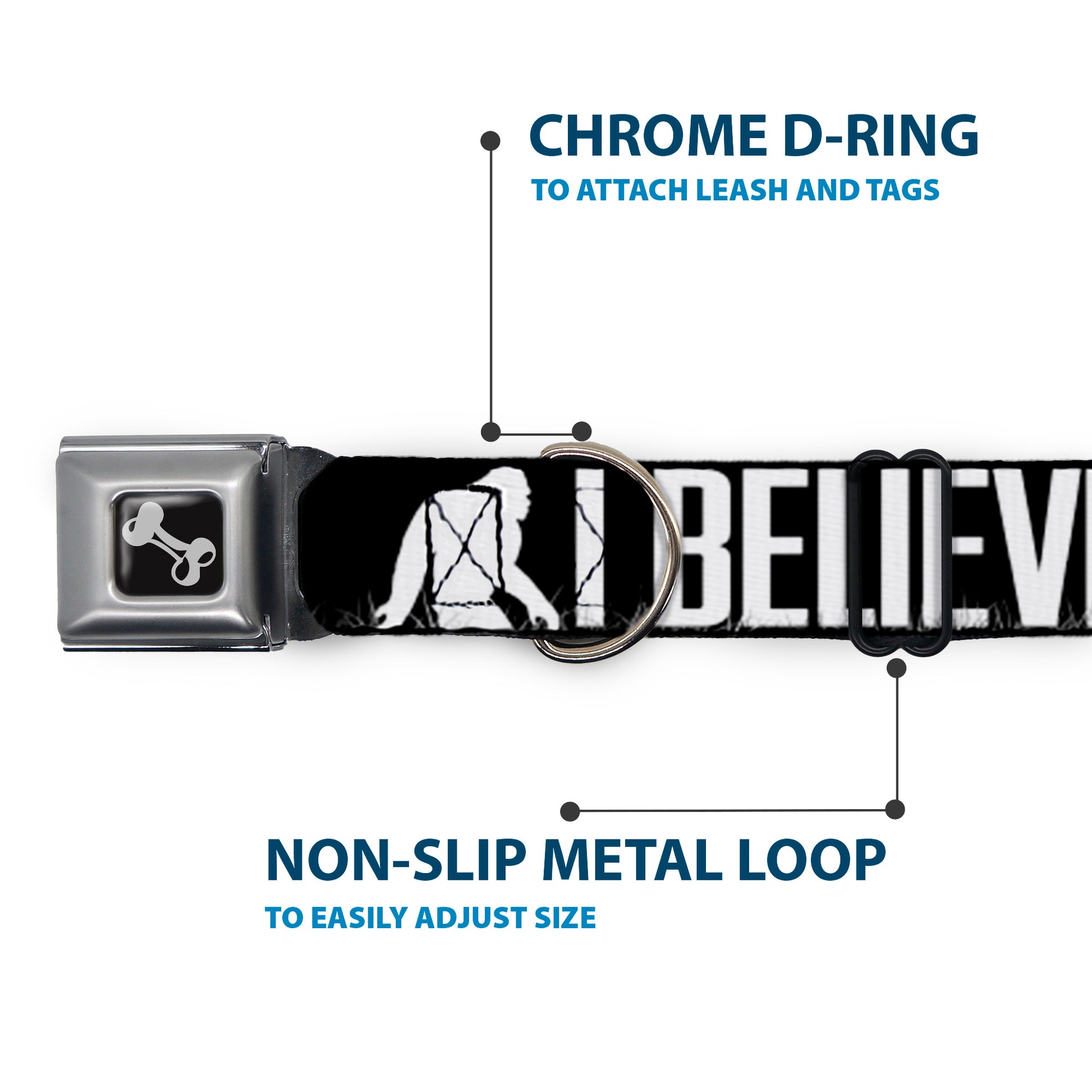 Dog Bone Seatbelt Buckle Collar - Bigfoot Silhouette I BELIEVE Black/Gray/White Seatbelt Buckle Collars Buckle-Down