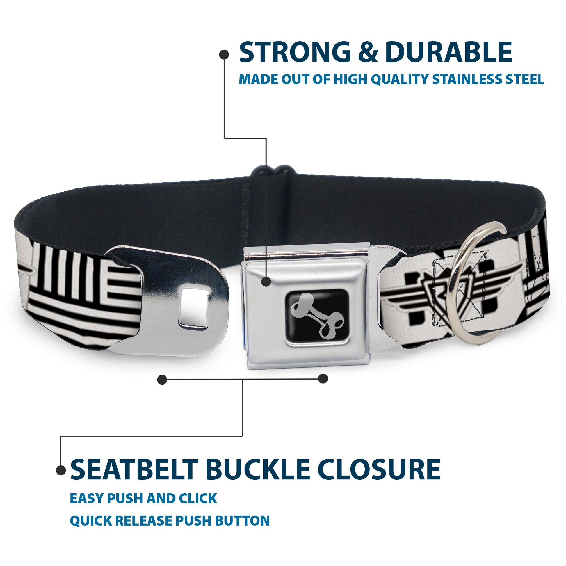 Dog Bone Seatbelt Buckle Collar - BD Logo/American Stripe Flag White/Black Seatbelt Buckle Collars Buckle-Down