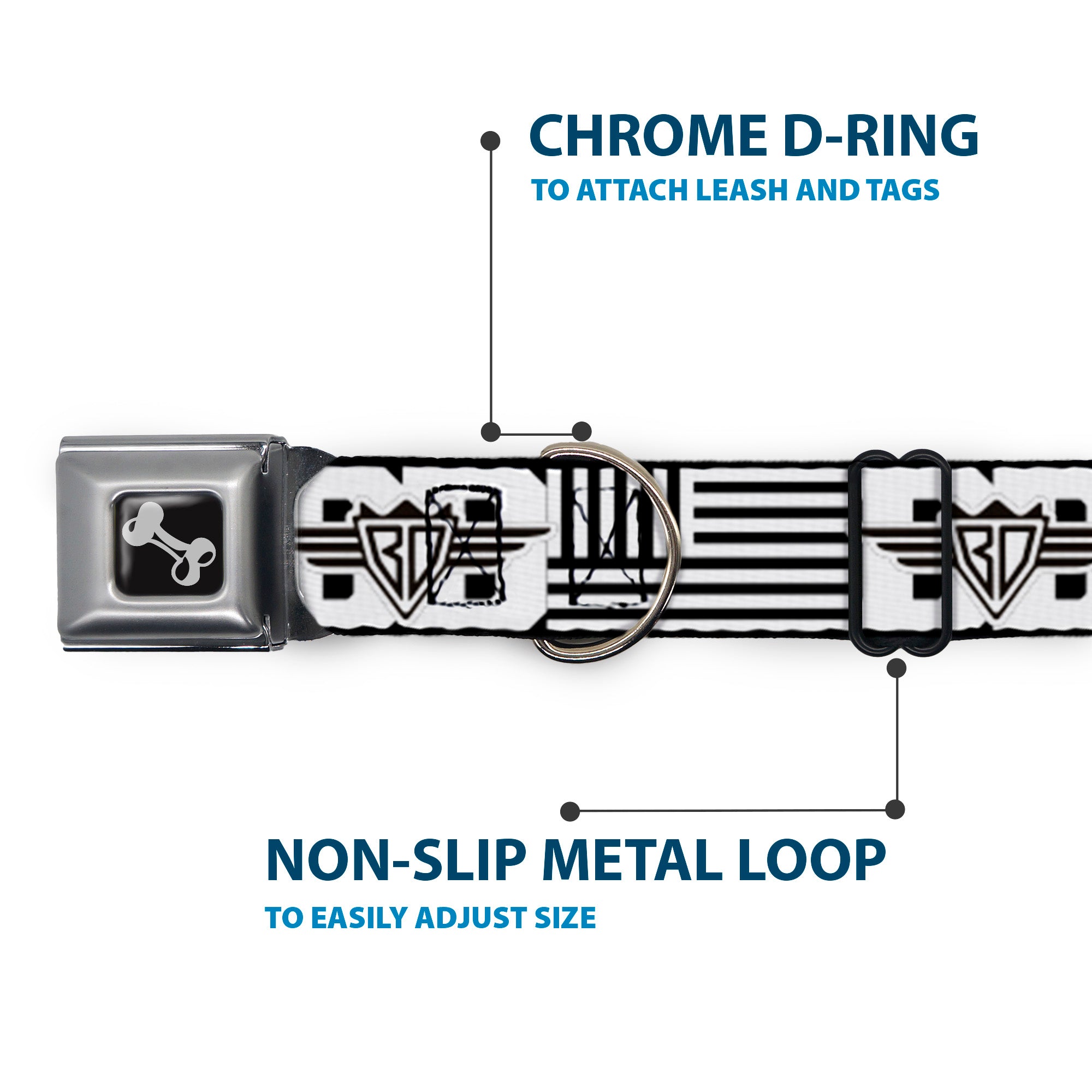Dog Bone Seatbelt Buckle Collar - BD Logo/American Stripe Flag White/Black Seatbelt Buckle Collars Buckle-Down
