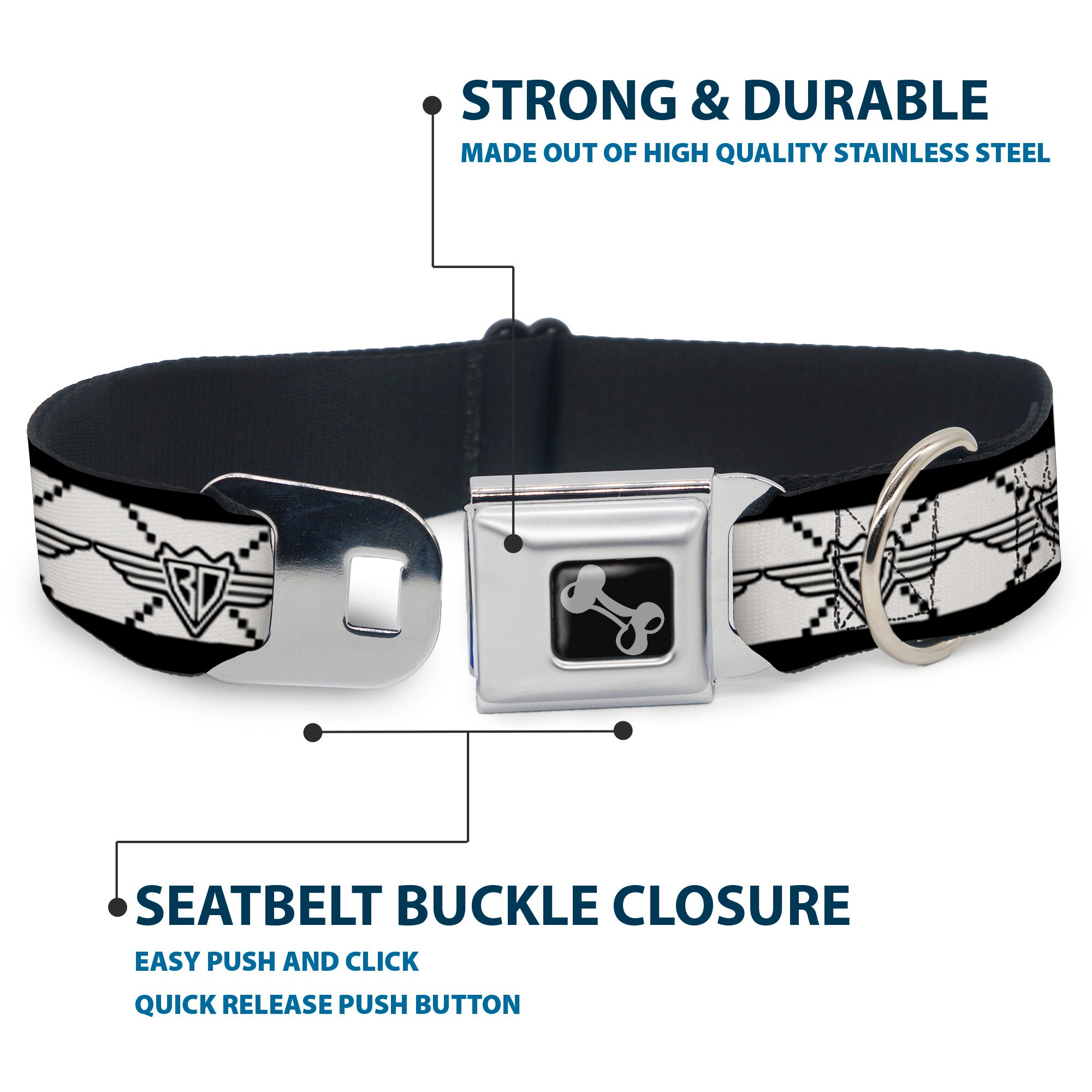 Dog Bone Seatbelt Buckle Collar - BD Monogram2 White/Black Seatbelt Buckle Collars Buckle-Down