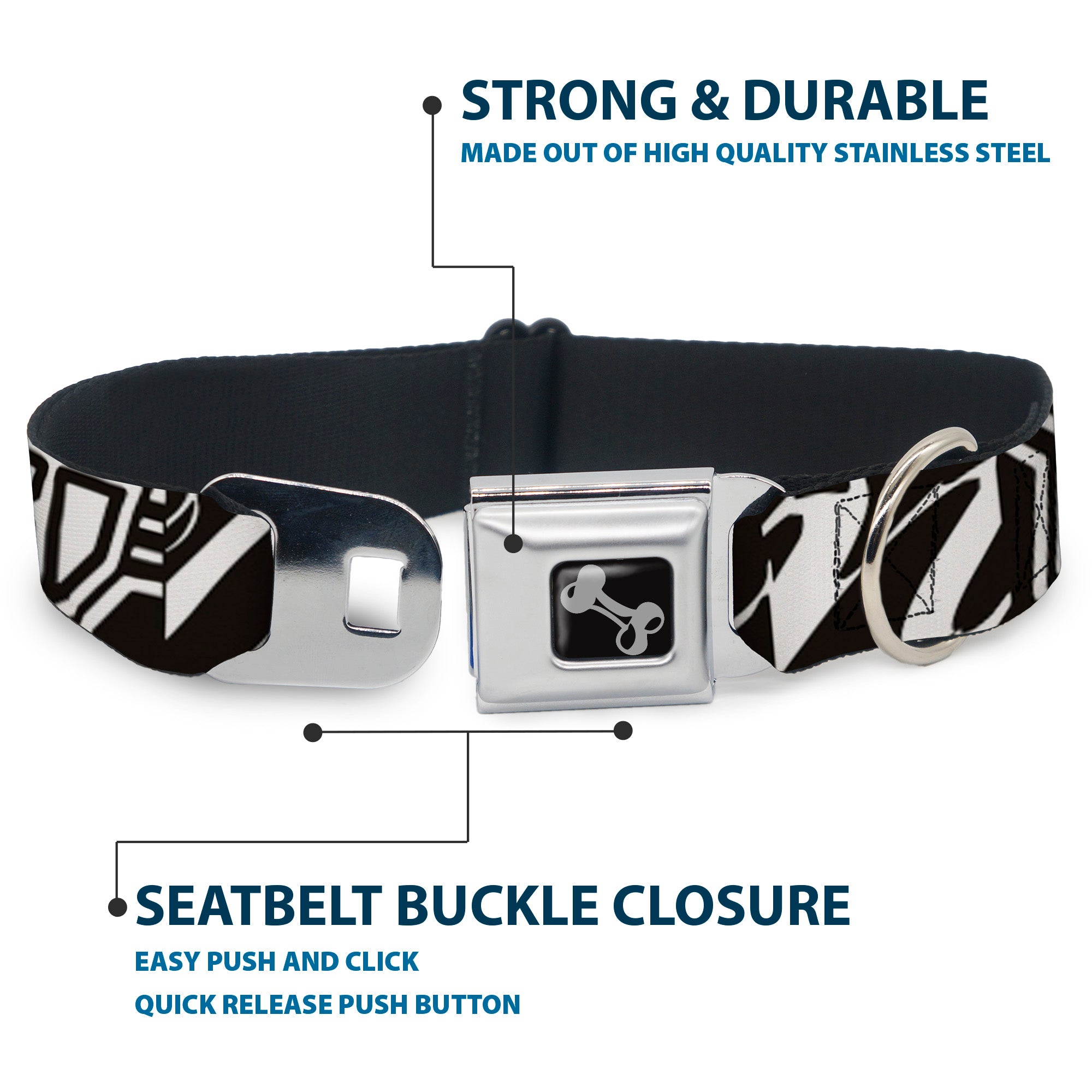 Dog Bone Seatbelt Buckle Collar - BD Logo/BUCKLE-DOWN Script Black/White Seatbelt Buckle Collars Buckle-Down