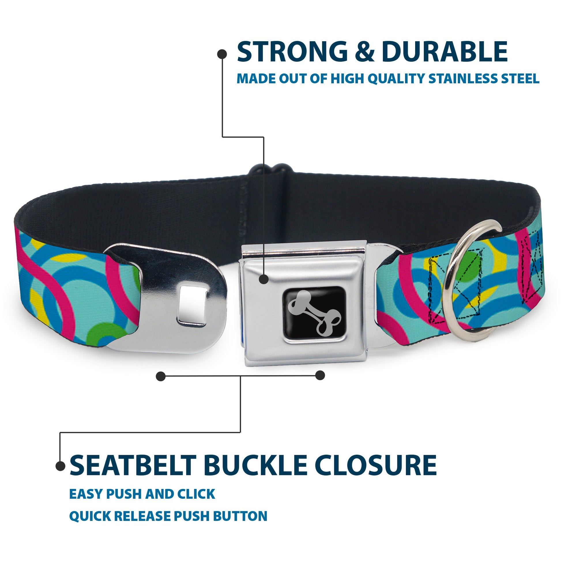 Dog Bone Seatbelt Buckle Collar - Bullseye Stacked Swirl Blues/Green/Yellow/Pink Seatbelt Buckle Collars Buckle-Down
