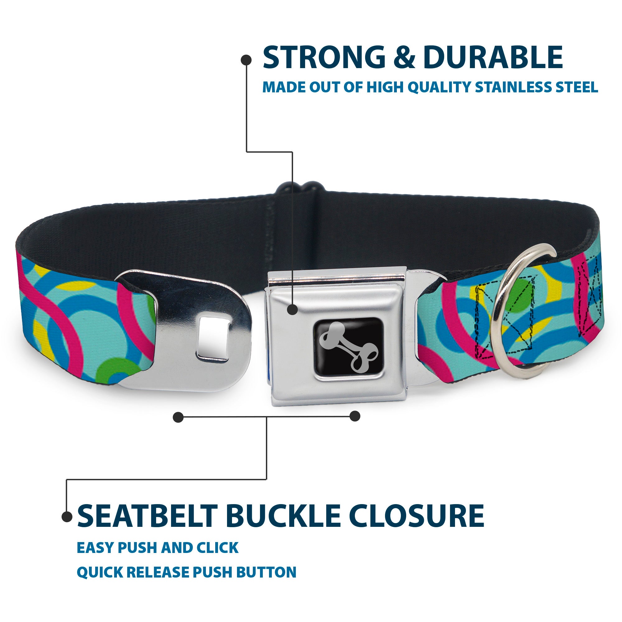 Dog Bone Seatbelt Buckle Collar - Bullseye Stacked Swirl Blues/Green/Yellow/Pink Seatbelt Buckle Collars Buckle-Down
