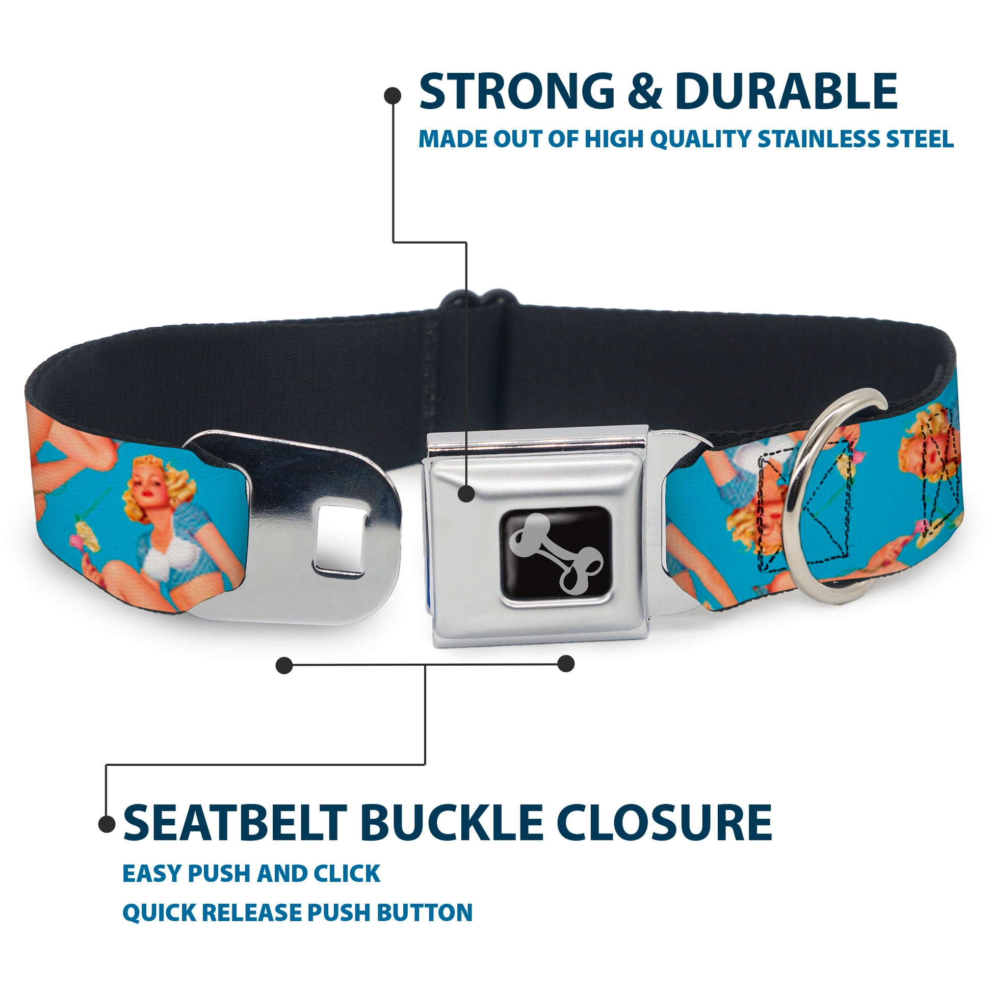 Dog Bone Seatbelt Buckle Collar - Blonde Pin Up Girl Bright Blue Seatbelt Buckle Collars Buckle-Down