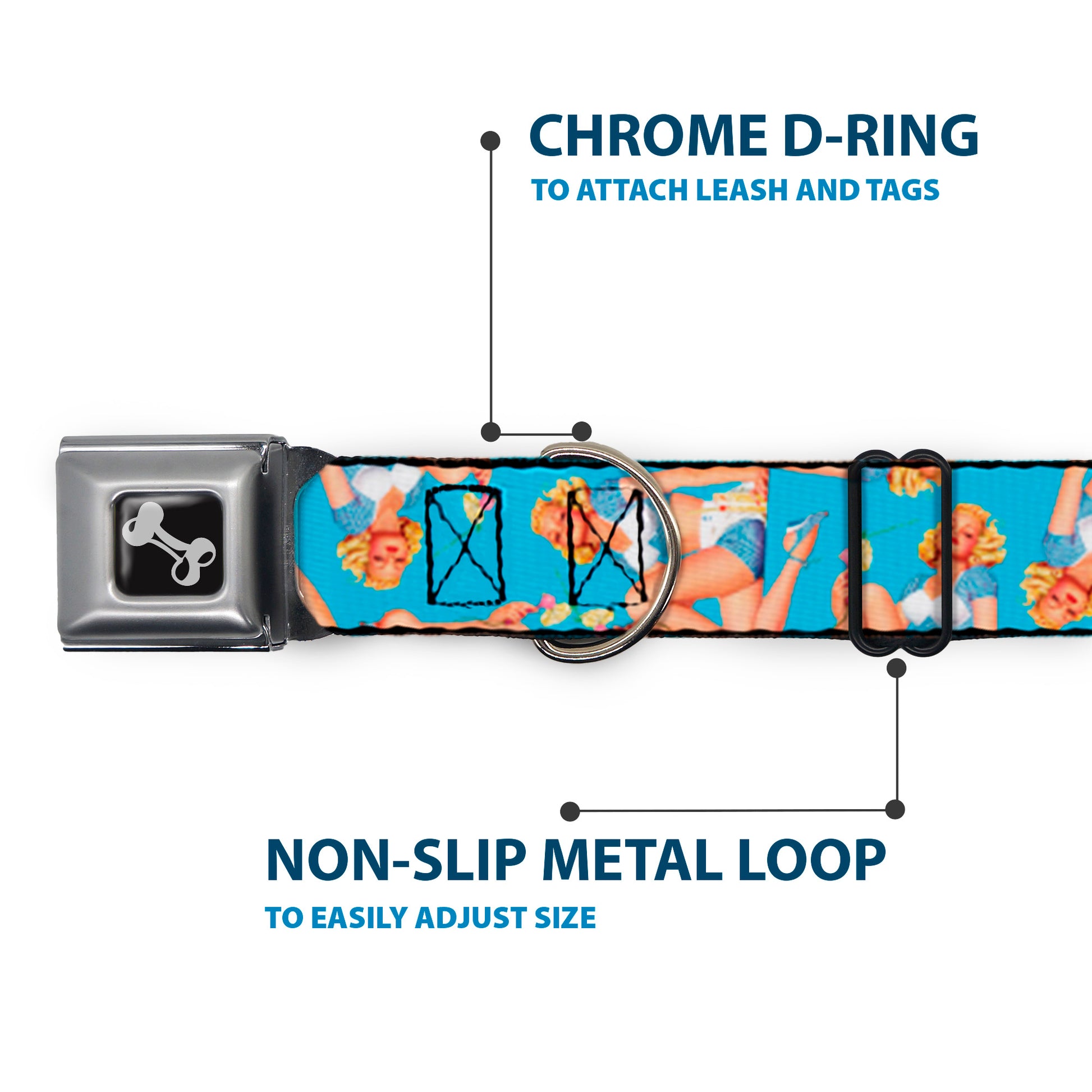 Dog Bone Seatbelt Buckle Collar - Blonde Pin Up Girl Bright Blue Seatbelt Buckle Collars Buckle-Down
