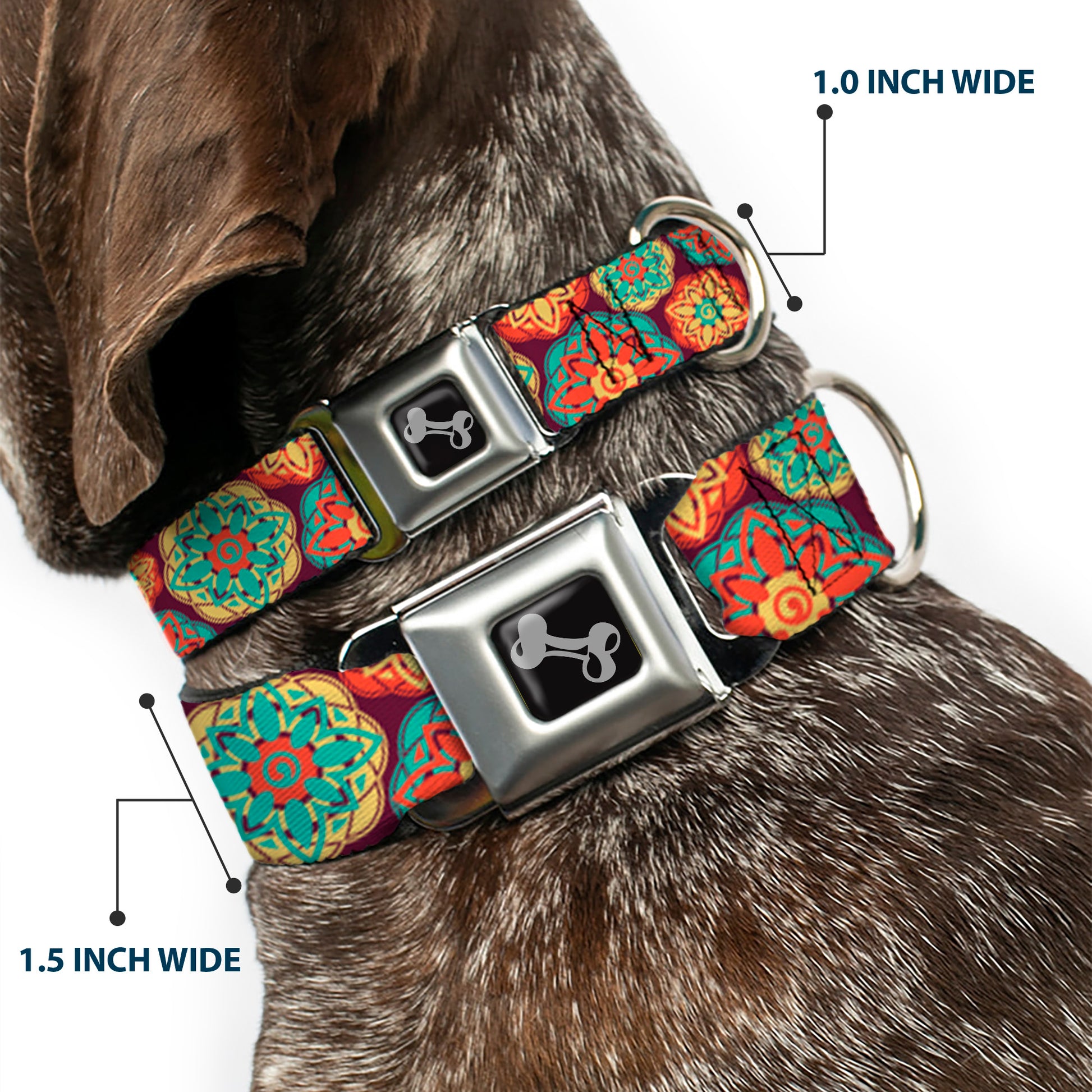 Dog Bone Seatbelt Buckle Collar - Boho Mandala Burgundy/Yellow/Turquoise/Orange Seatbelt Buckle Collars Buckle-Down
