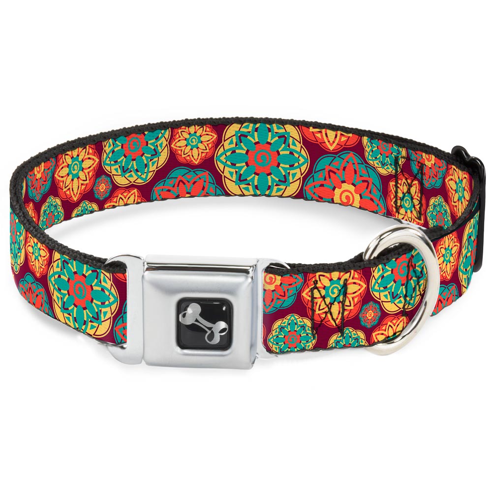 Dog Bone Seatbelt Buckle Collar - Boho Mandala Burgundy/Yellow/Turquoise/Orange Seatbelt Buckle Collars Buckle-Down