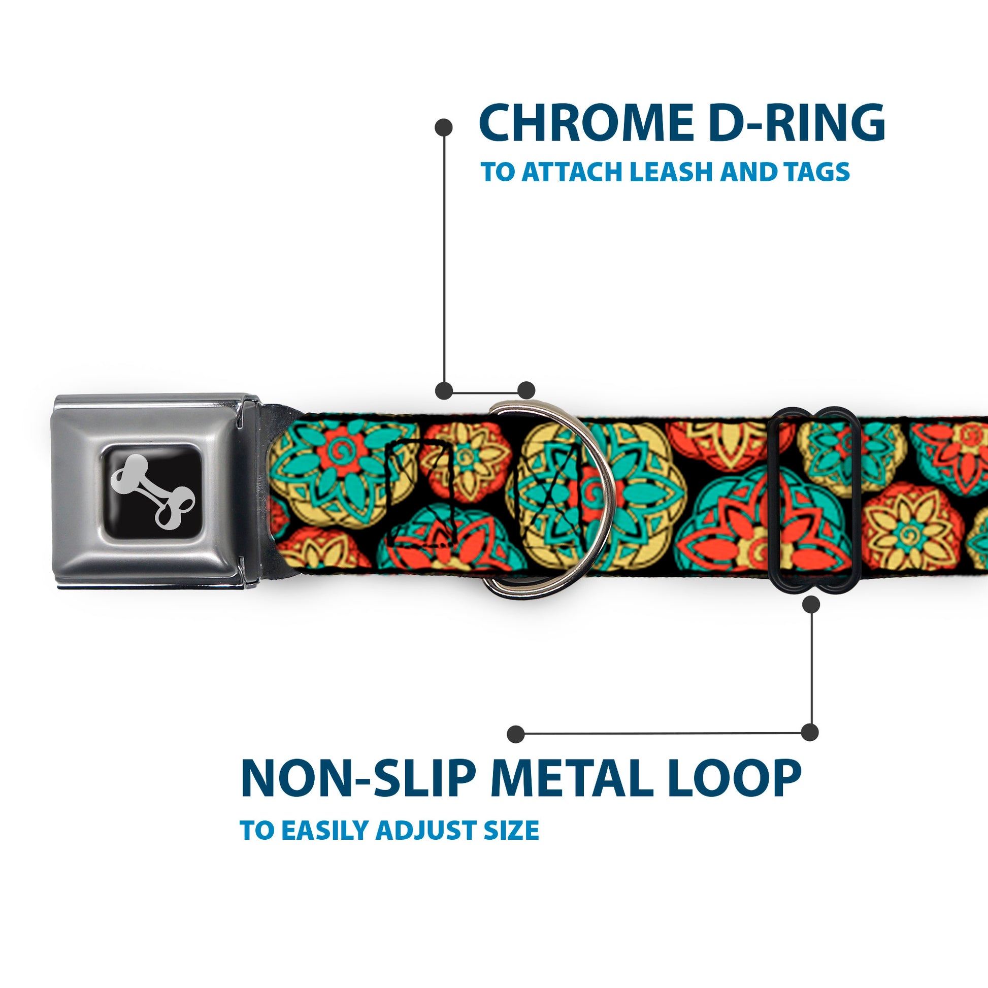 Dog Bone Seatbelt Buckle Collar - Boho Mandala Black/Yellow/Turquoise/Orange Seatbelt Buckle Collars Buckle-Down