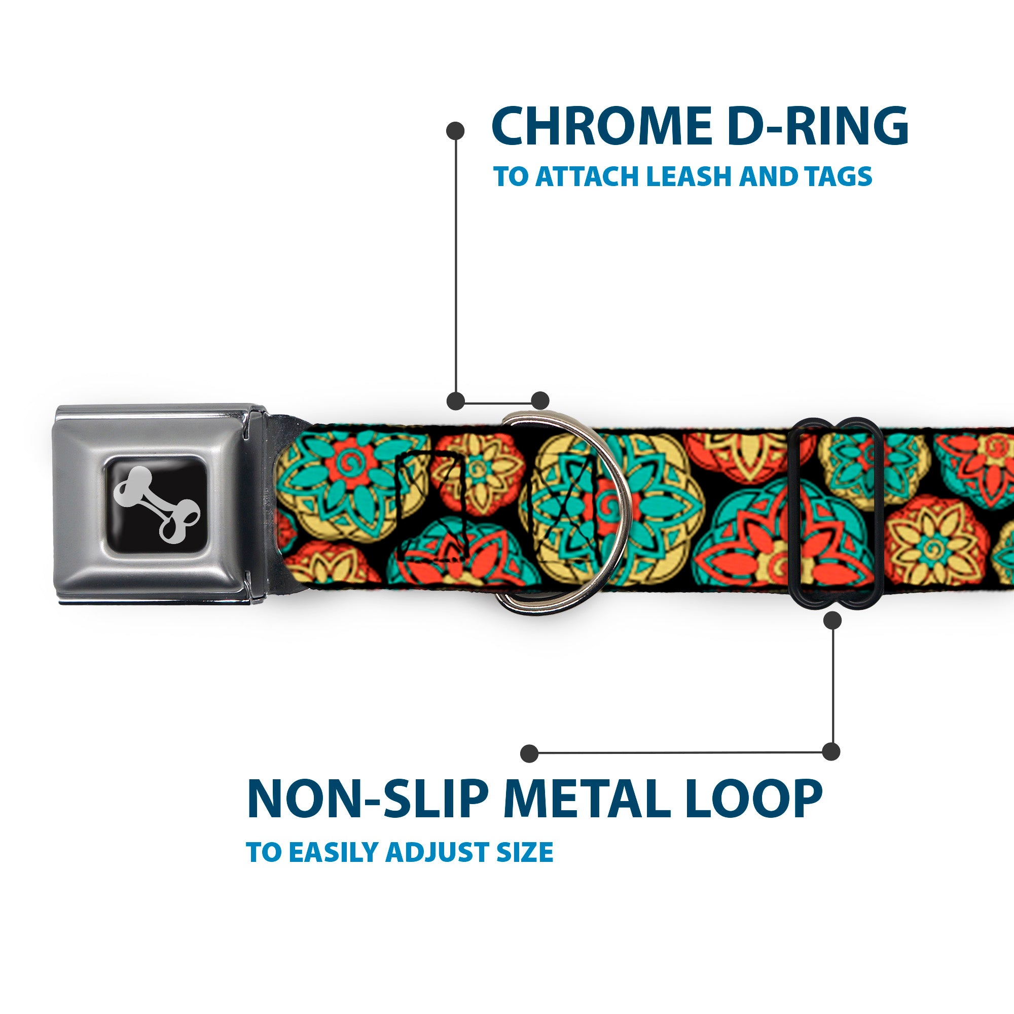 Dog Bone Seatbelt Buckle Collar - Boho Mandala Black/Yellow/Turquoise/Orange Seatbelt Buckle Collars Buckle-Down