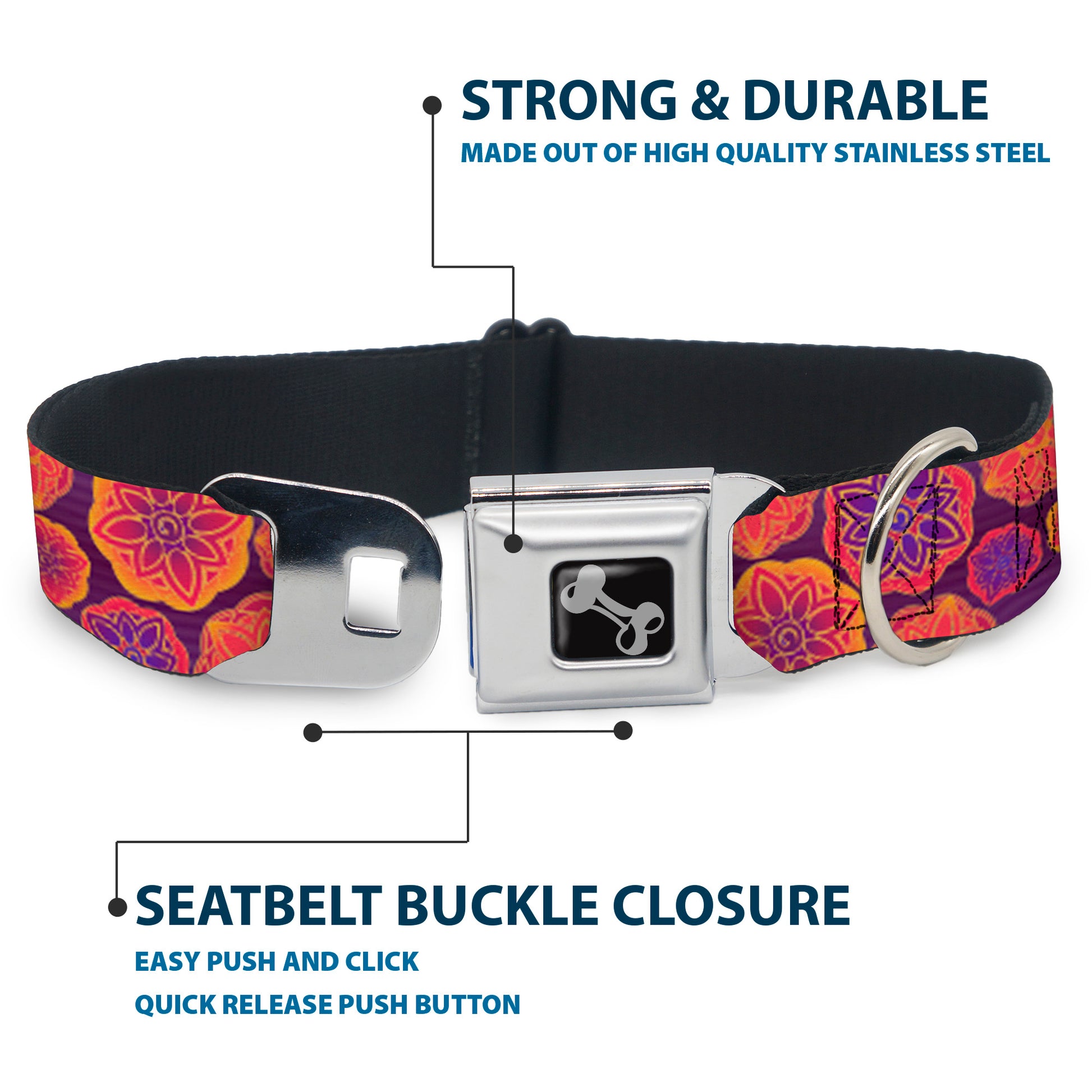 Dog Bone Seatbelt Buckle Collar - Boho Mandala Purples/Oranges/Pinks Seatbelt Buckle Collars Buckle-Down