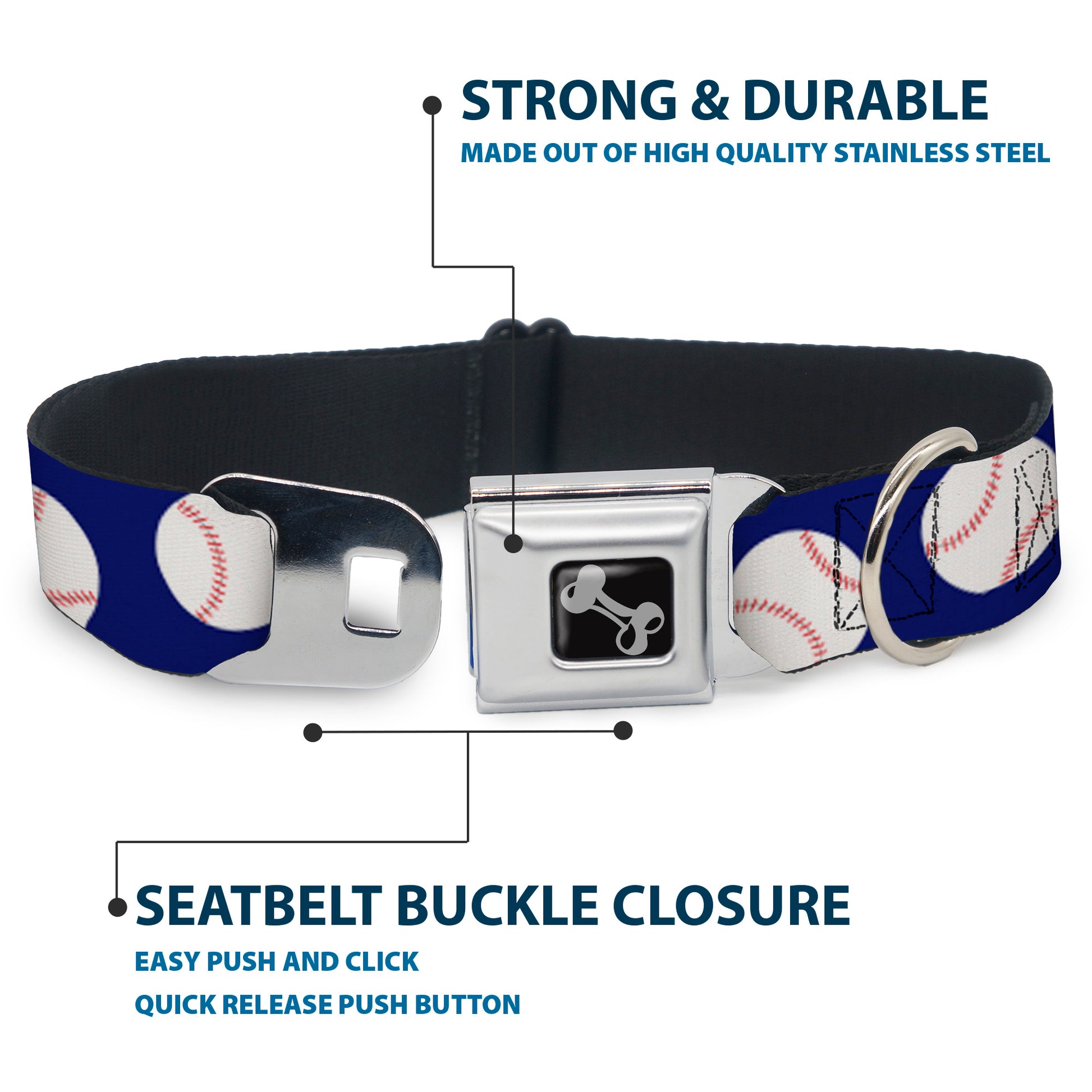 Dog Bone Seatbelt Buckle Collar - Baseballs Scattered Blue Seatbelt Buckle Collars Buckle-Down