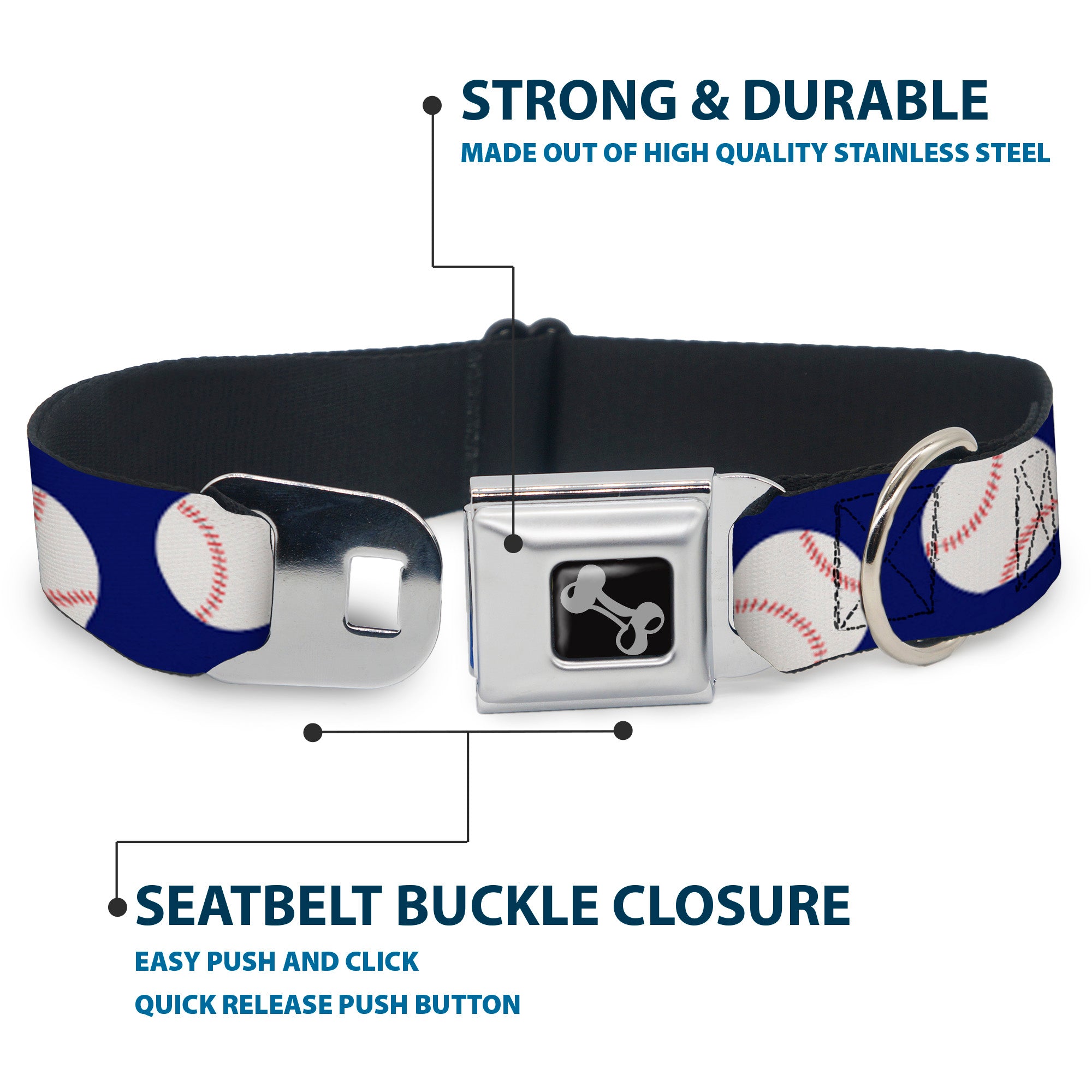 Dog Bone Seatbelt Buckle Collar - Baseballs Scattered Blue Seatbelt Buckle Collars Buckle-Down
