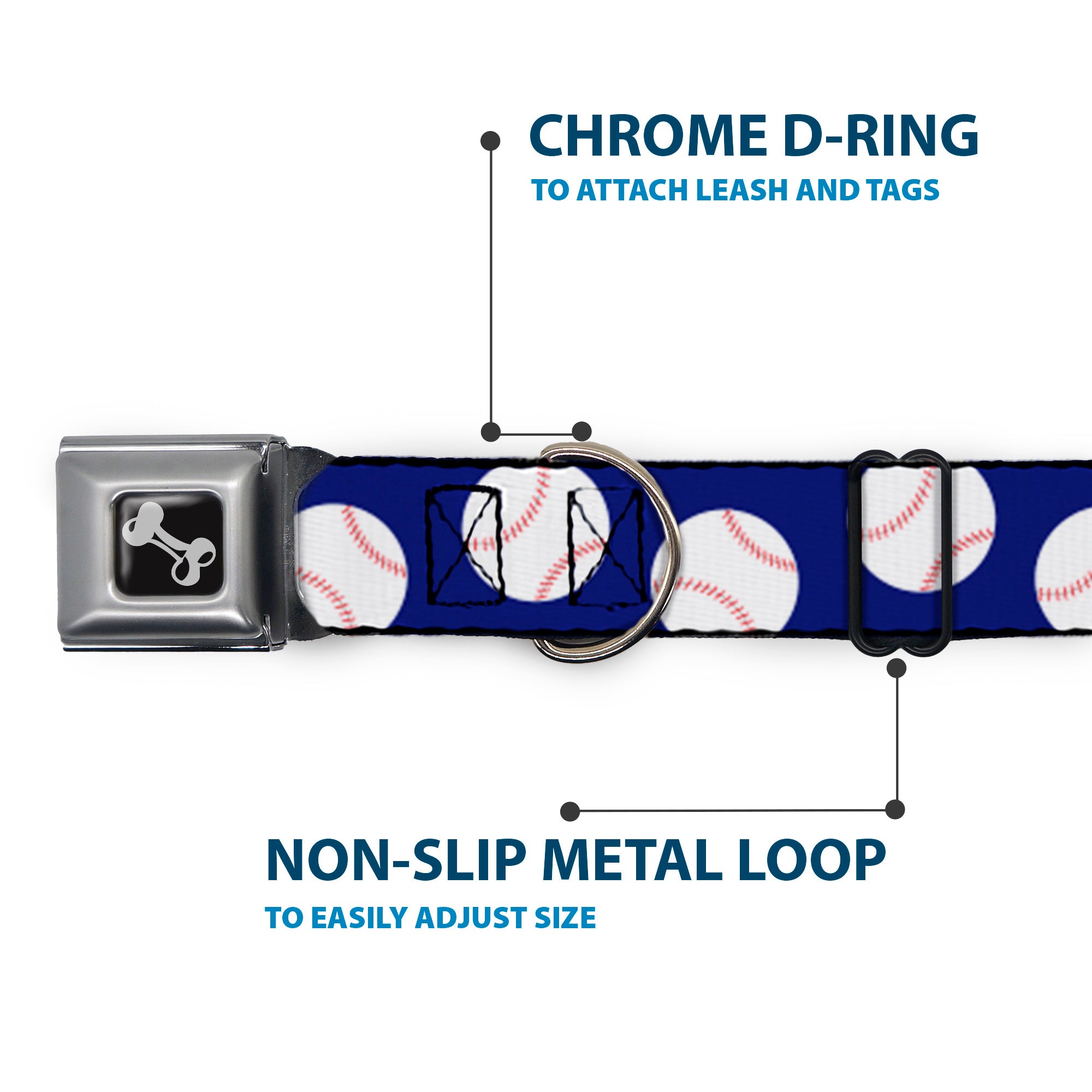 Dog Bone Seatbelt Buckle Collar - Baseballs Scattered Blue Seatbelt Buckle Collars Buckle-Down