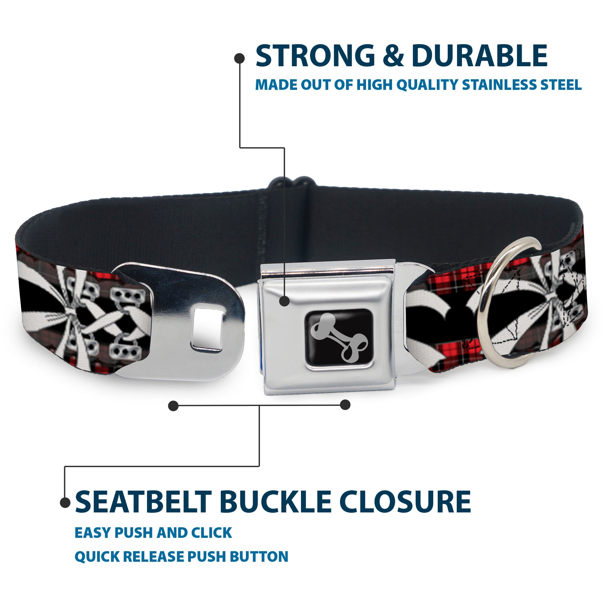 Dog Bone Seatbelt Buckle Collar - Corset Lace Up w/Bow Red Plaid/Black Seatbelt Buckle Collars Buckle-Down