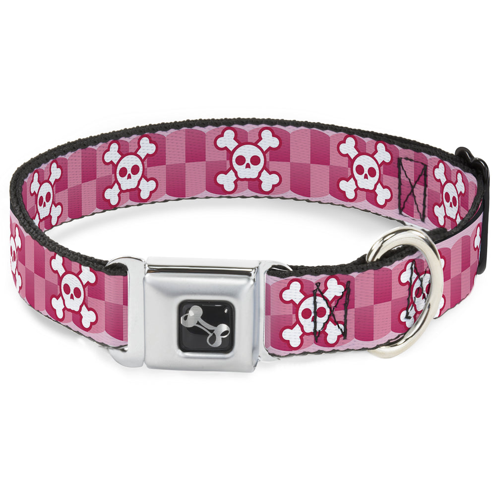 Dog Bone Seatbelt Buckle Collar - Cute Skulls w/Checkers Pinks/White Seatbelt Buckle Collars Buckle-Down