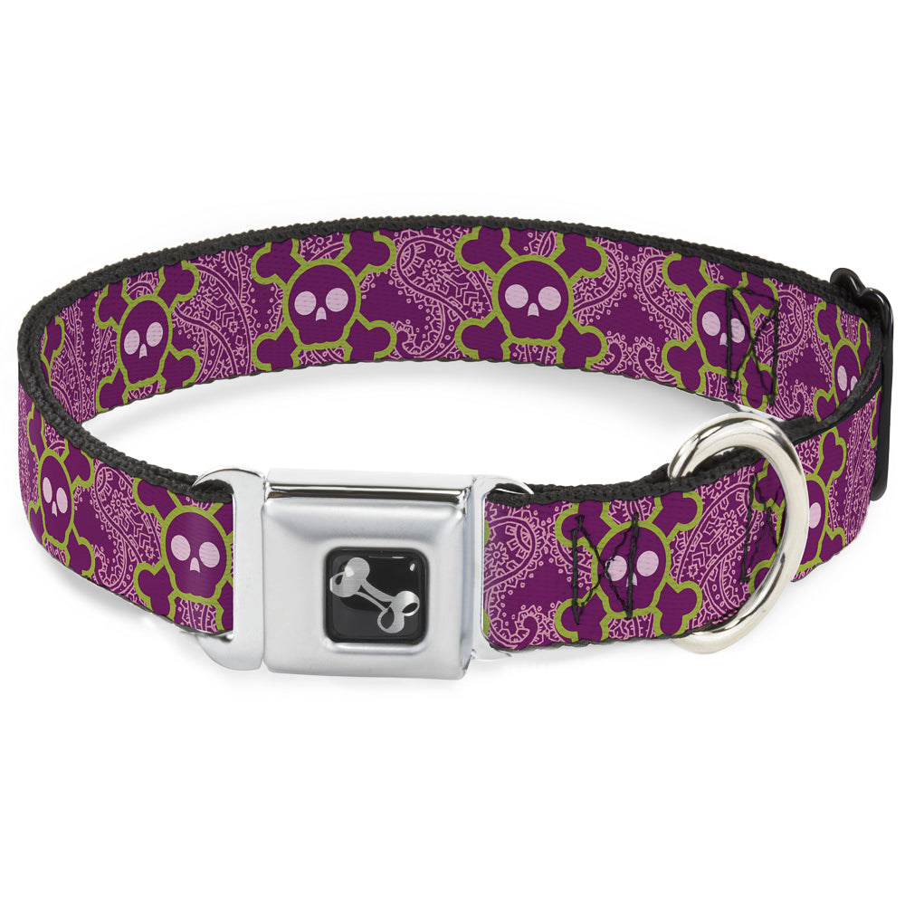 Dog Bone Seatbelt Buckle Collar - Cute Skulls w/Paisley Purple/Pink/Green Seatbelt Buckle Collars Buckle-Down