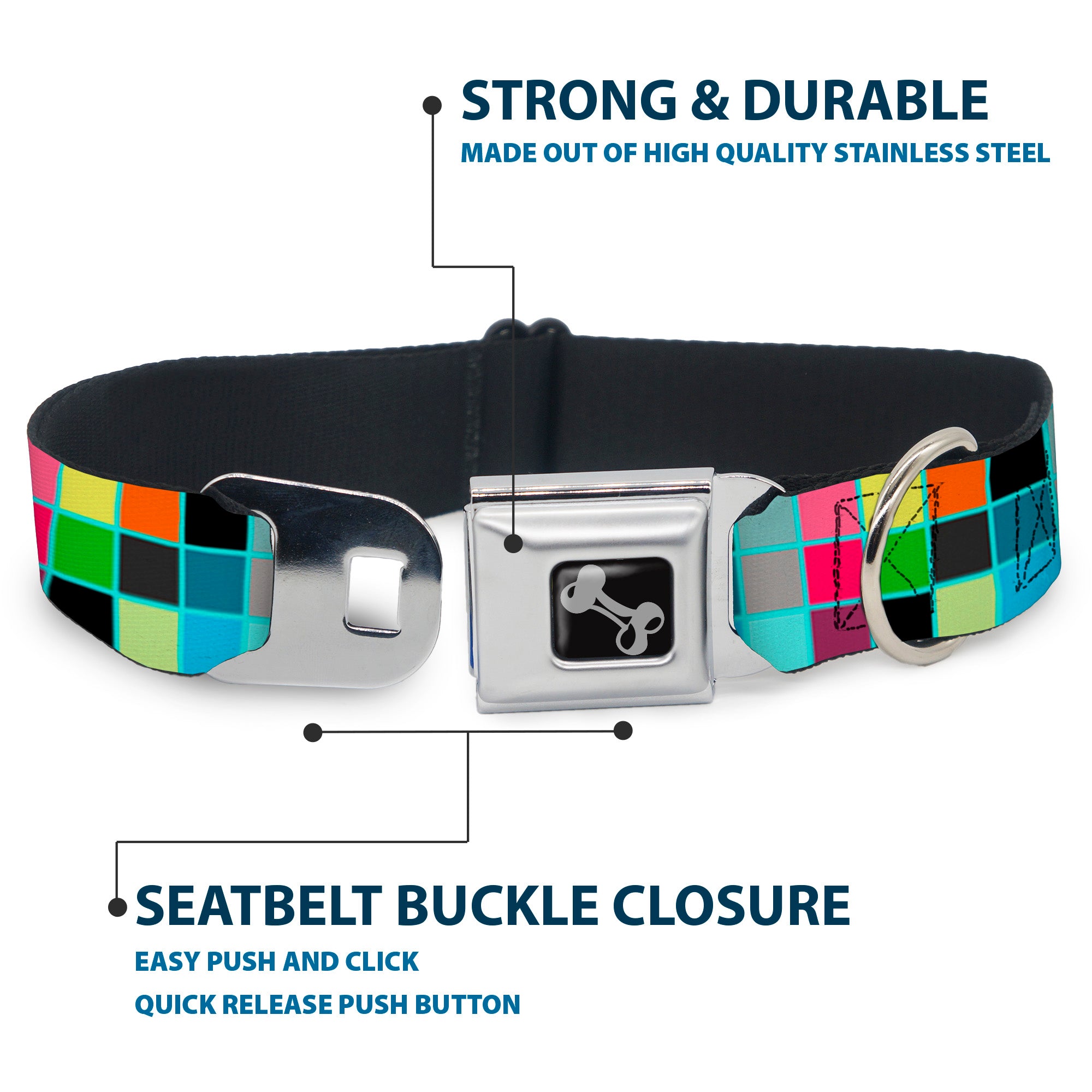 Dog Bone Seatbelt Buckle Collar - Checker Bright Pastel w/Outline Seatbelt Buckle Collars Buckle-Down