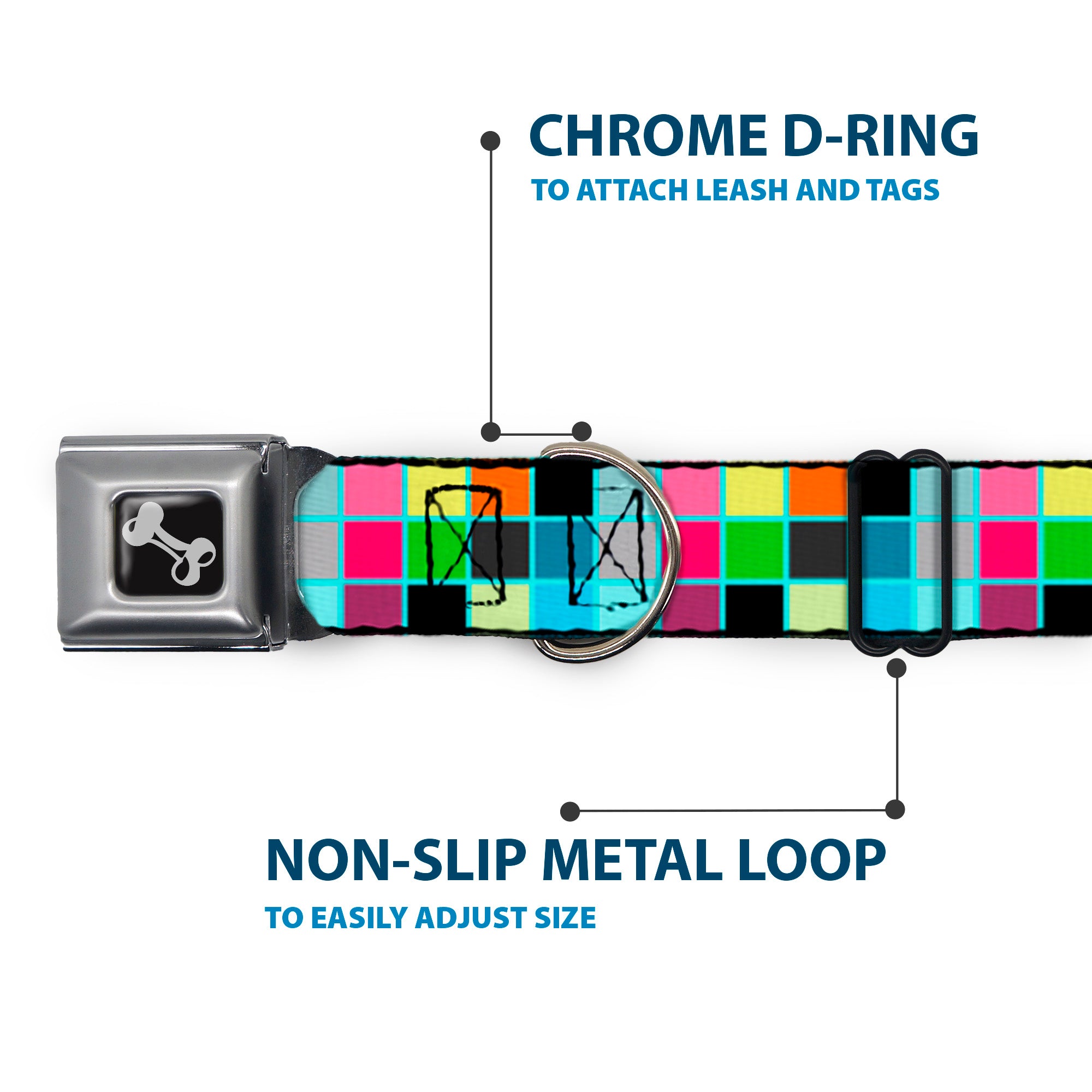 Dog Bone Seatbelt Buckle Collar - Checker Bright Pastel w/Outline Seatbelt Buckle Collars Buckle-Down
