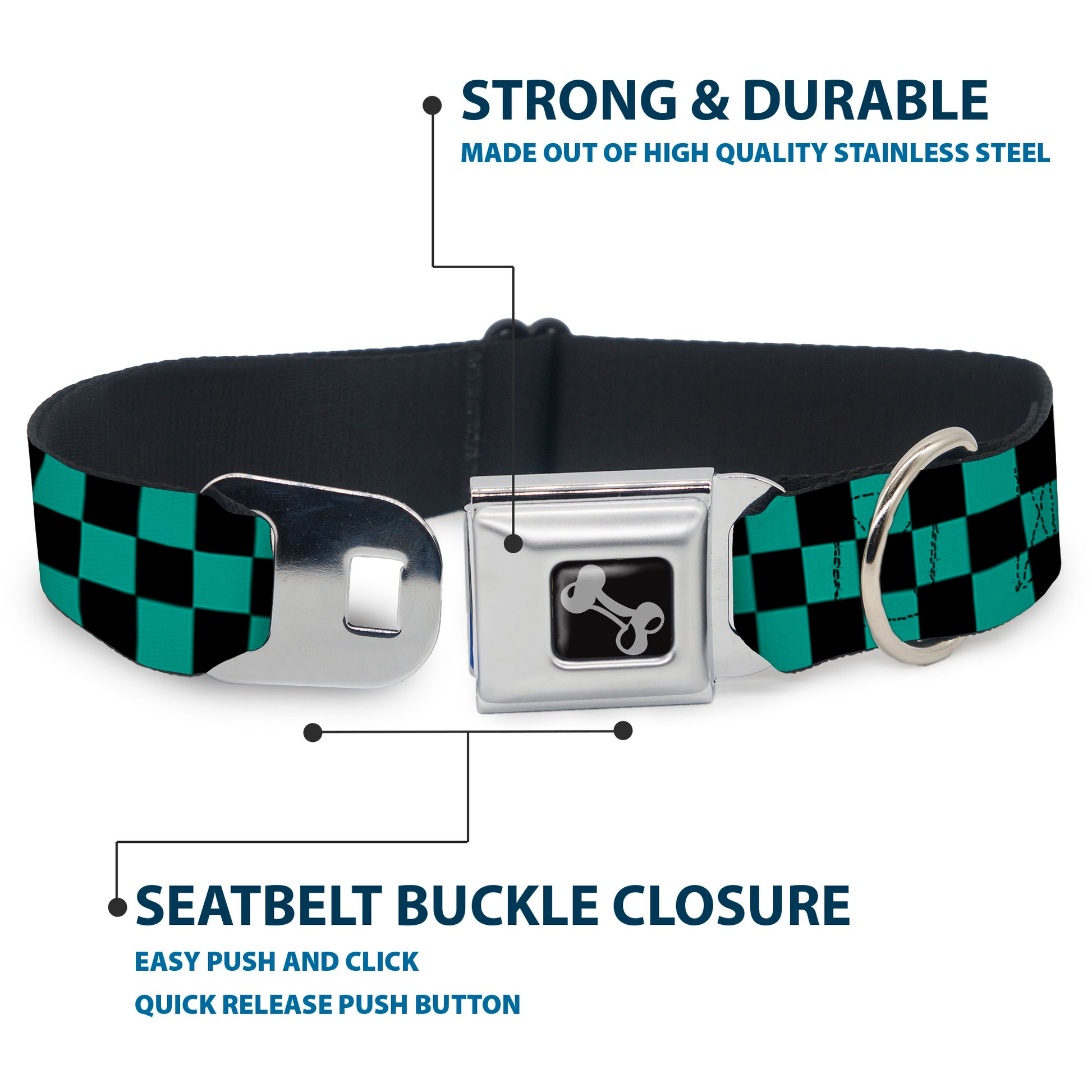Dog Bone Seatbelt Buckle Collar - Checker Black/Teal Seatbelt Buckle Collars Buckle-Down