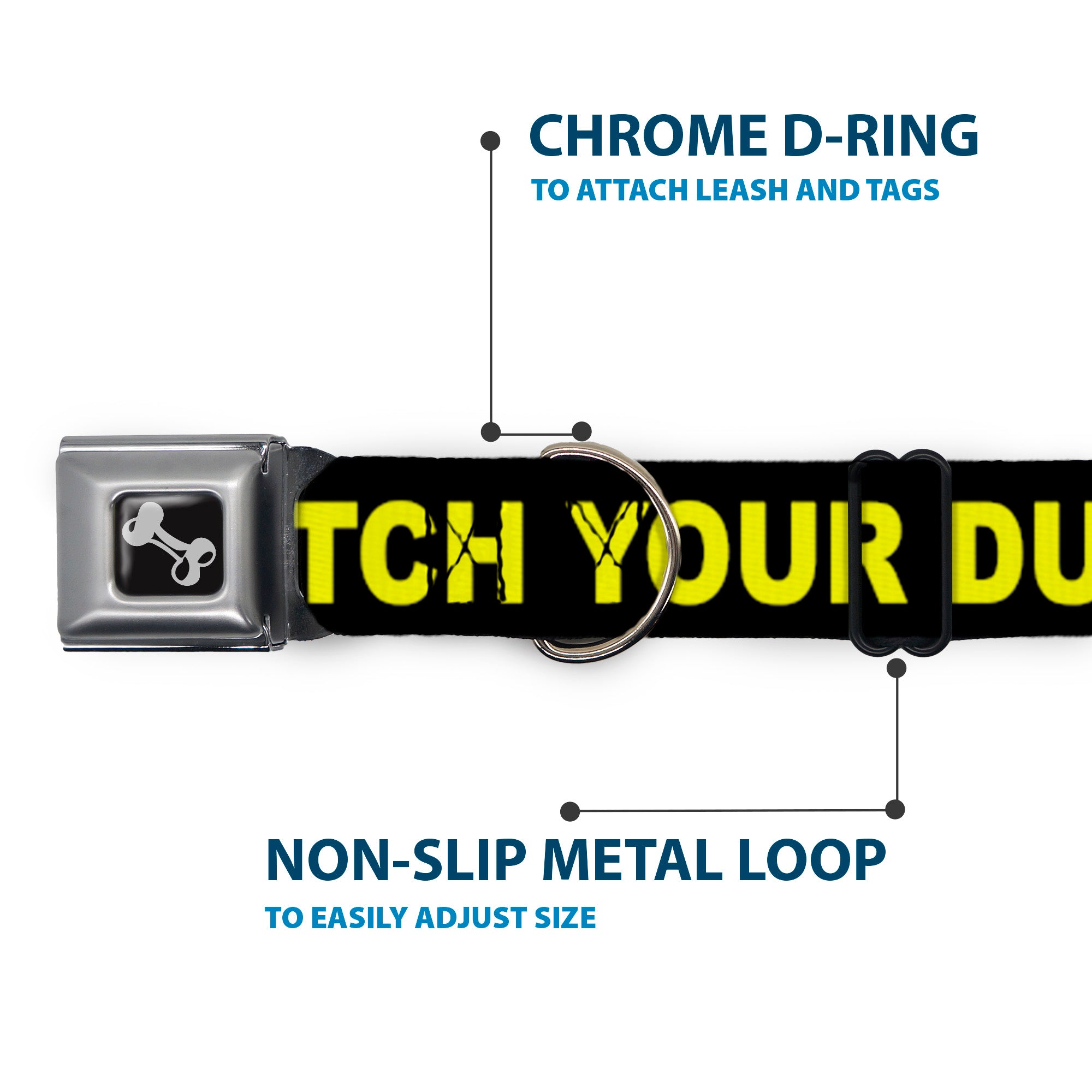 Dog Bone Seatbelt Buckle Collar - CAUTION WATCH YOUR DUBSTEP Black/Yellow Seatbelt Buckle Collars Buckle-Down