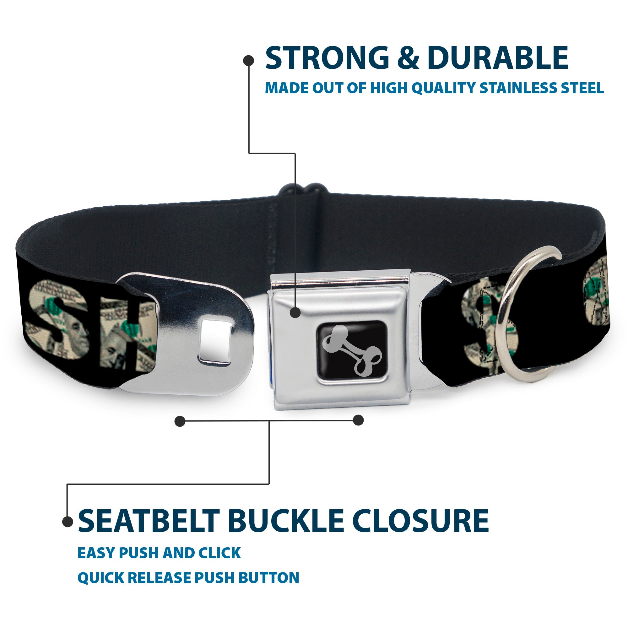 Dog Bone Seatbelt Buckle Collar - CASH MONEY $ Black/Dollars Seatbelt Buckle Collars Buckle-Down