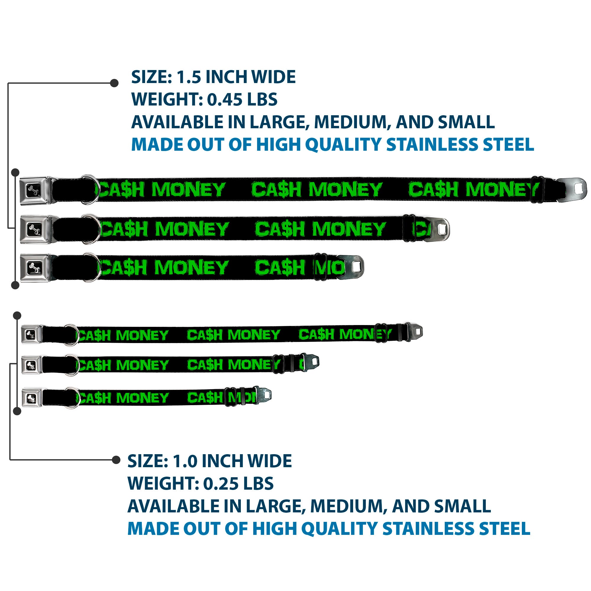 Dog Bone Seatbelt Buckle Collar - CA$H MONEY Black/Green Seatbelt Buckle Collars Buckle-Down