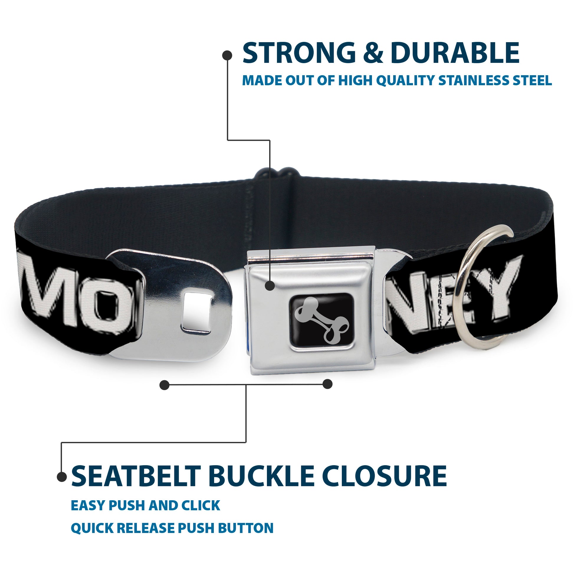 Dog Bone Seatbelt Buckle Collar - CA$H MONEY Black/White Seatbelt Buckle Collars Buckle-Down
