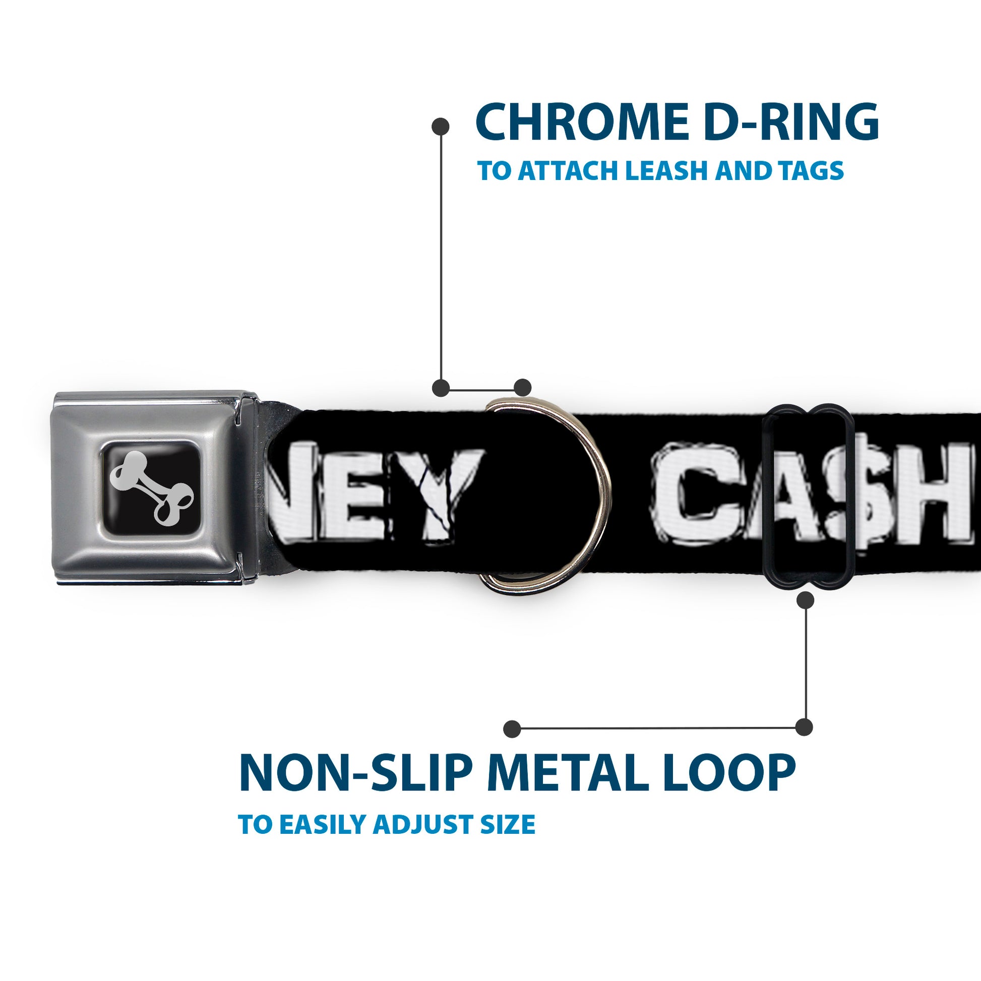 Dog Bone Seatbelt Buckle Collar - CA$H MONEY Black/White Seatbelt Buckle Collars Buckle-Down