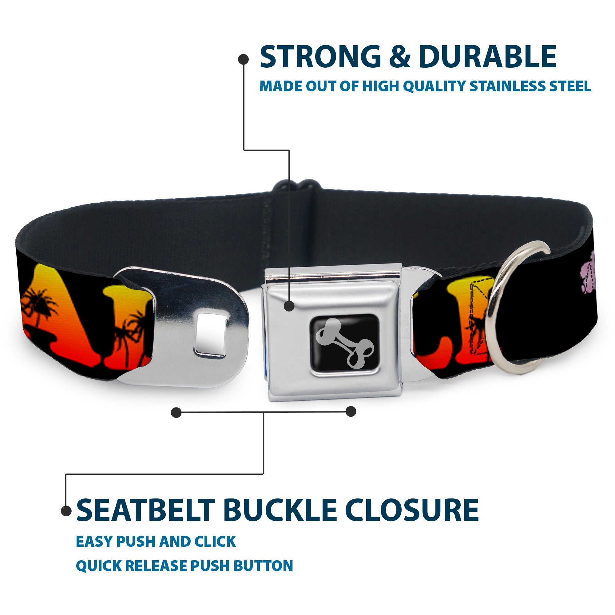 Dog Bone Seatbelt Buckle Collar - CALI Tropical Black/Multi Color Seatbelt Buckle Collars Buckle-Down