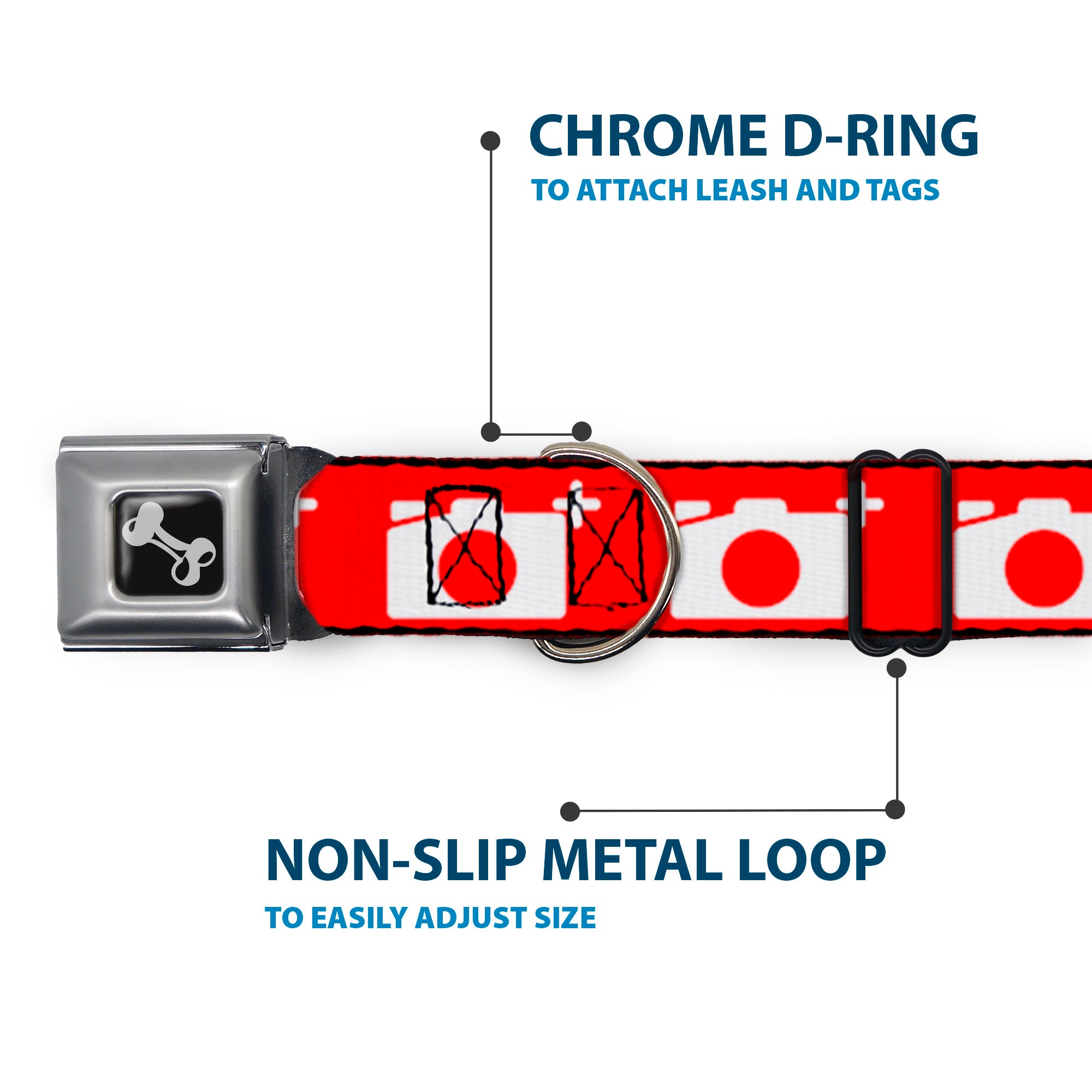 Dog Bone Seatbelt Buckle Collar - Camera Red/White Seatbelt Buckle Collars Buckle-Down