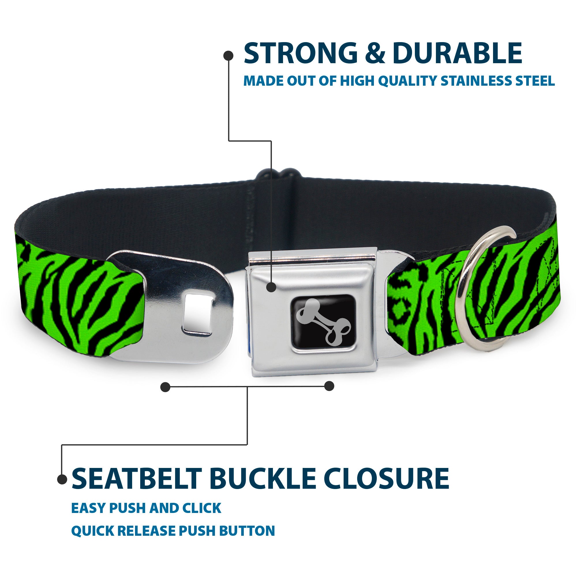 Dog Bone Seatbelt Buckle Collar - Cheebra Green/Black Seatbelt Buckle Collars Buckle-Down