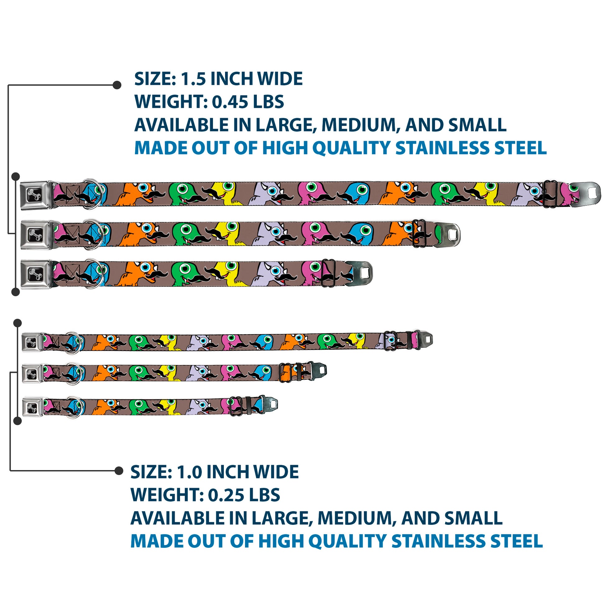 Dog Bone Seatbelt Buckle Collar - Cute Dinosaurs w/Mustaches Gray Seatbelt Buckle Collars Buckle-Down