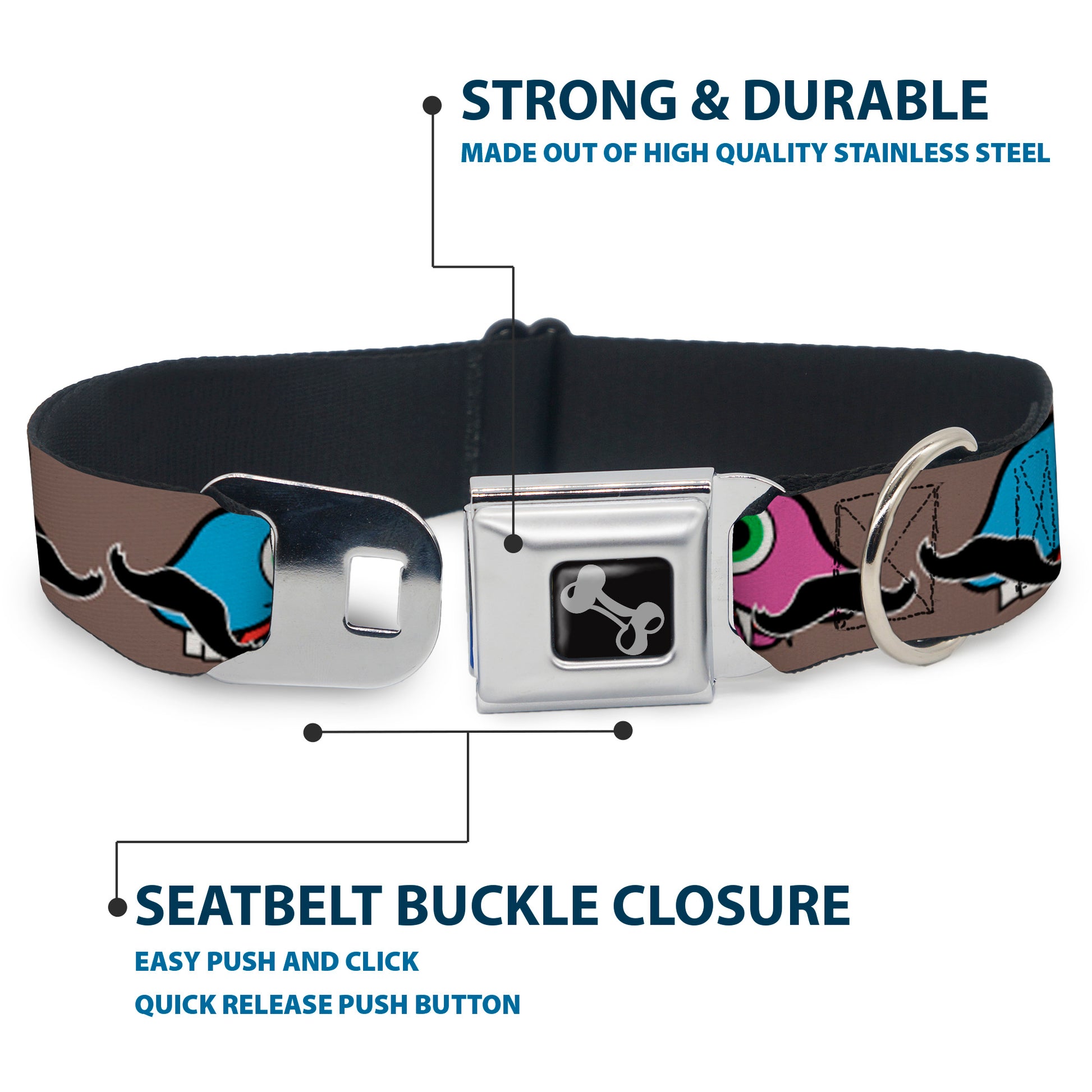 Dog Bone Seatbelt Buckle Collar - Cute Dinosaurs w/Mustaches Gray Seatbelt Buckle Collars Buckle-Down